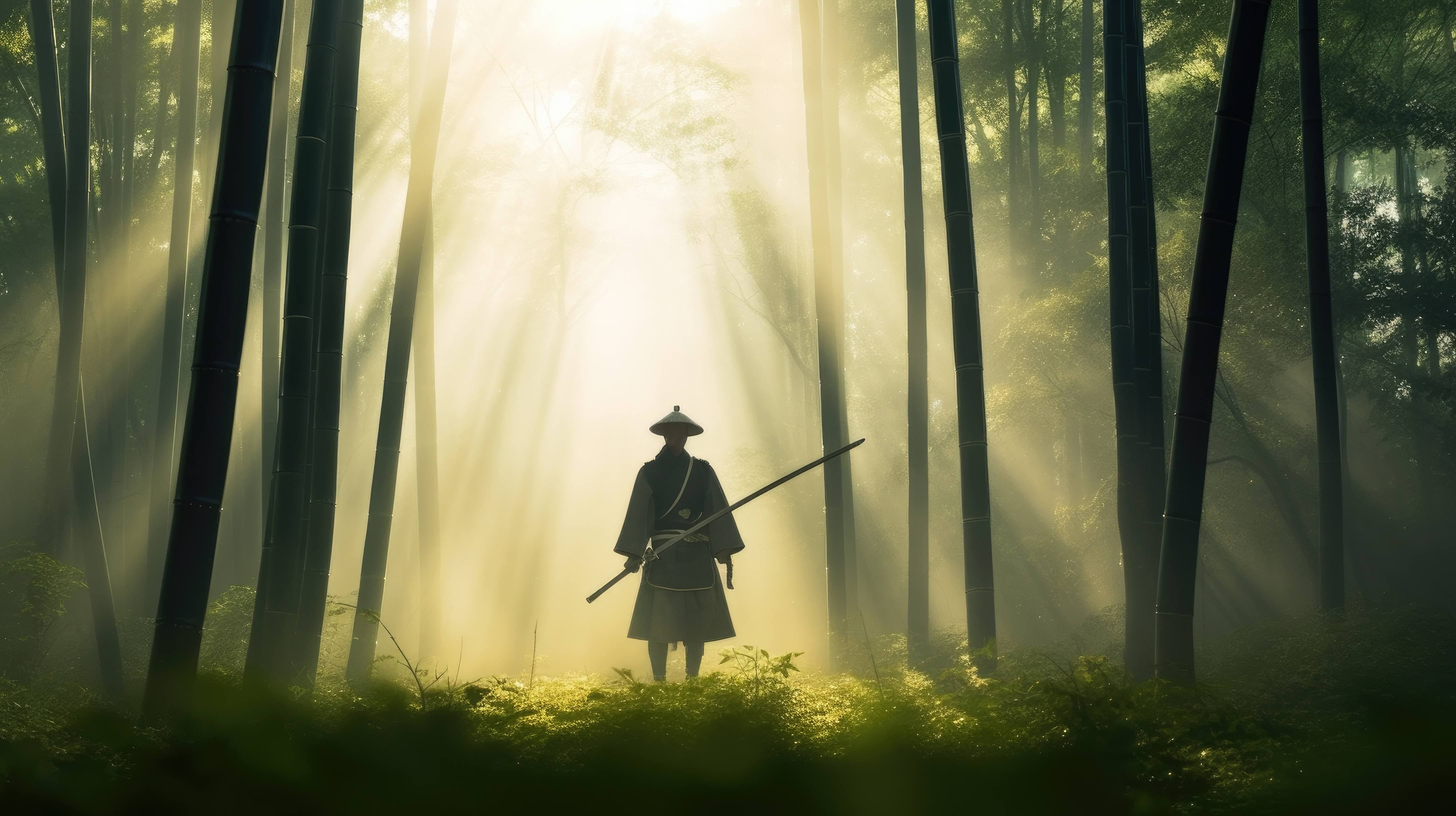4K ultra HD wallpaper of a lone samurai warrior standing in a misty bamboo grove, with his katana sword unsheathed and at the ready