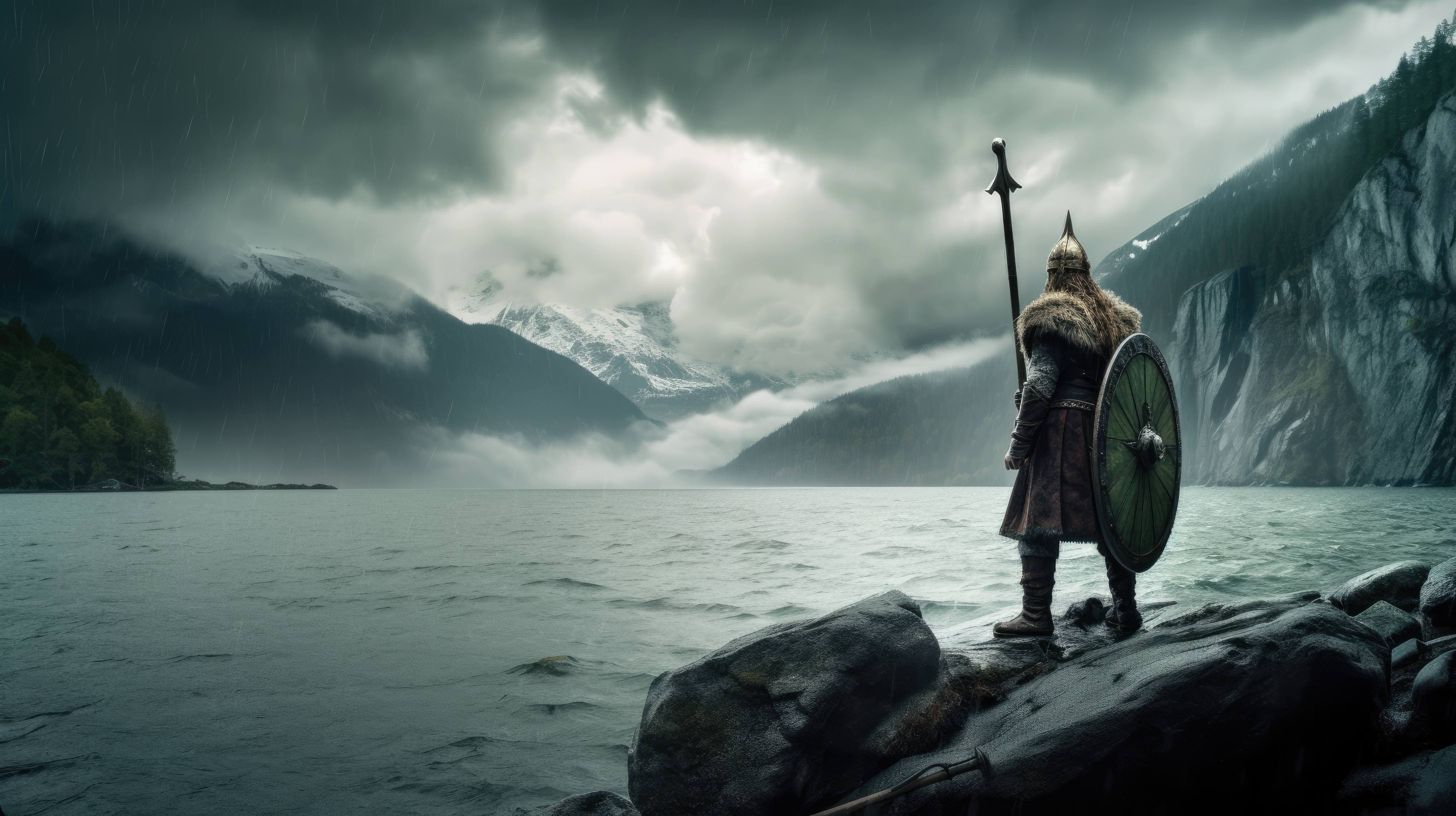 A 4K ultra HD wallpaper of a Viking warrior standing on the rocky shore of a misty fjord, with his battle axe raised high in his hand and his longship moored in