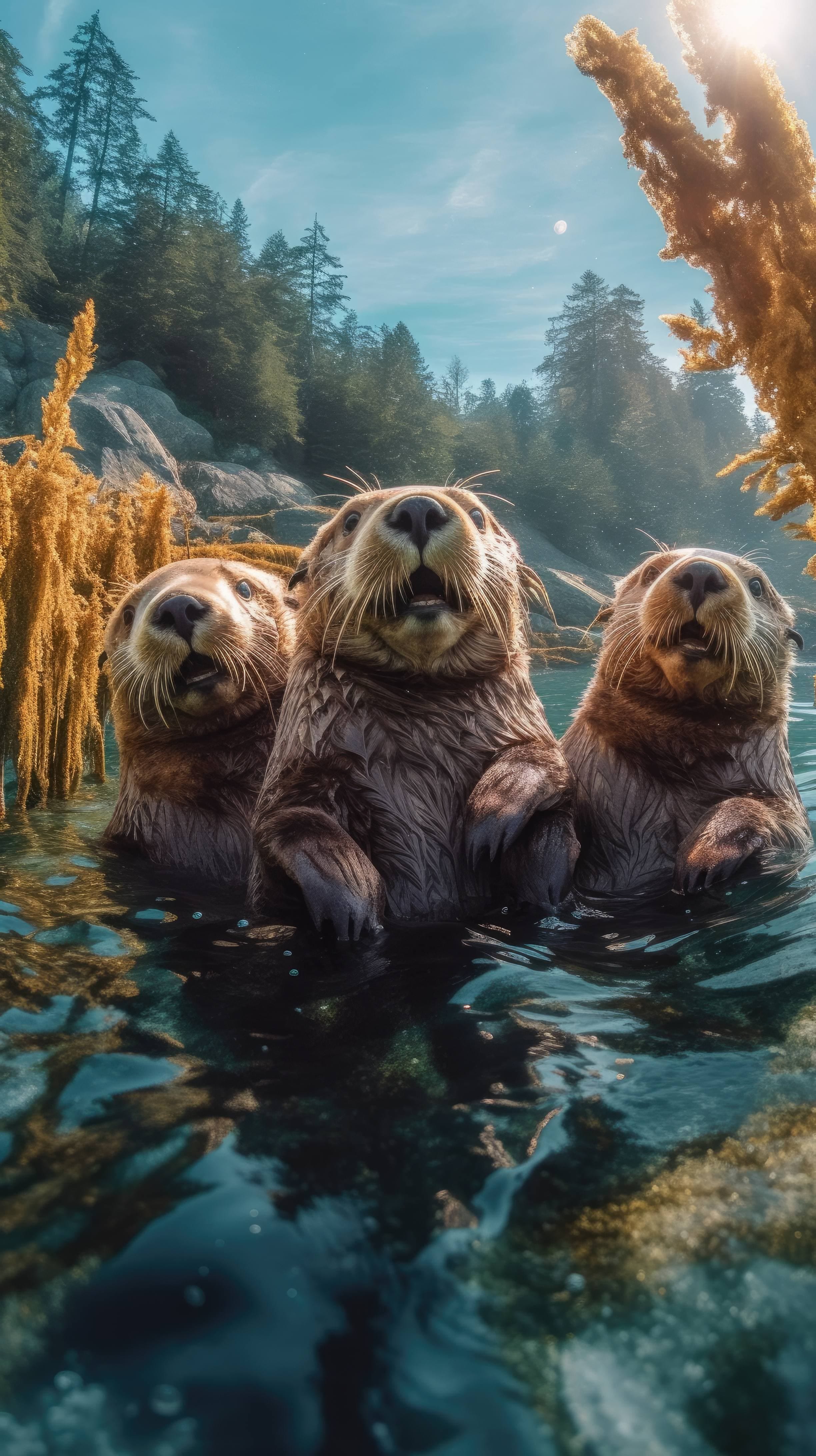 A 4K ultra HD mobile wallpaper depicting a group of playful and energetic Sea Otters, floating on their backs, holding hands, and enjoying the tranquility of a coastal kelp forest