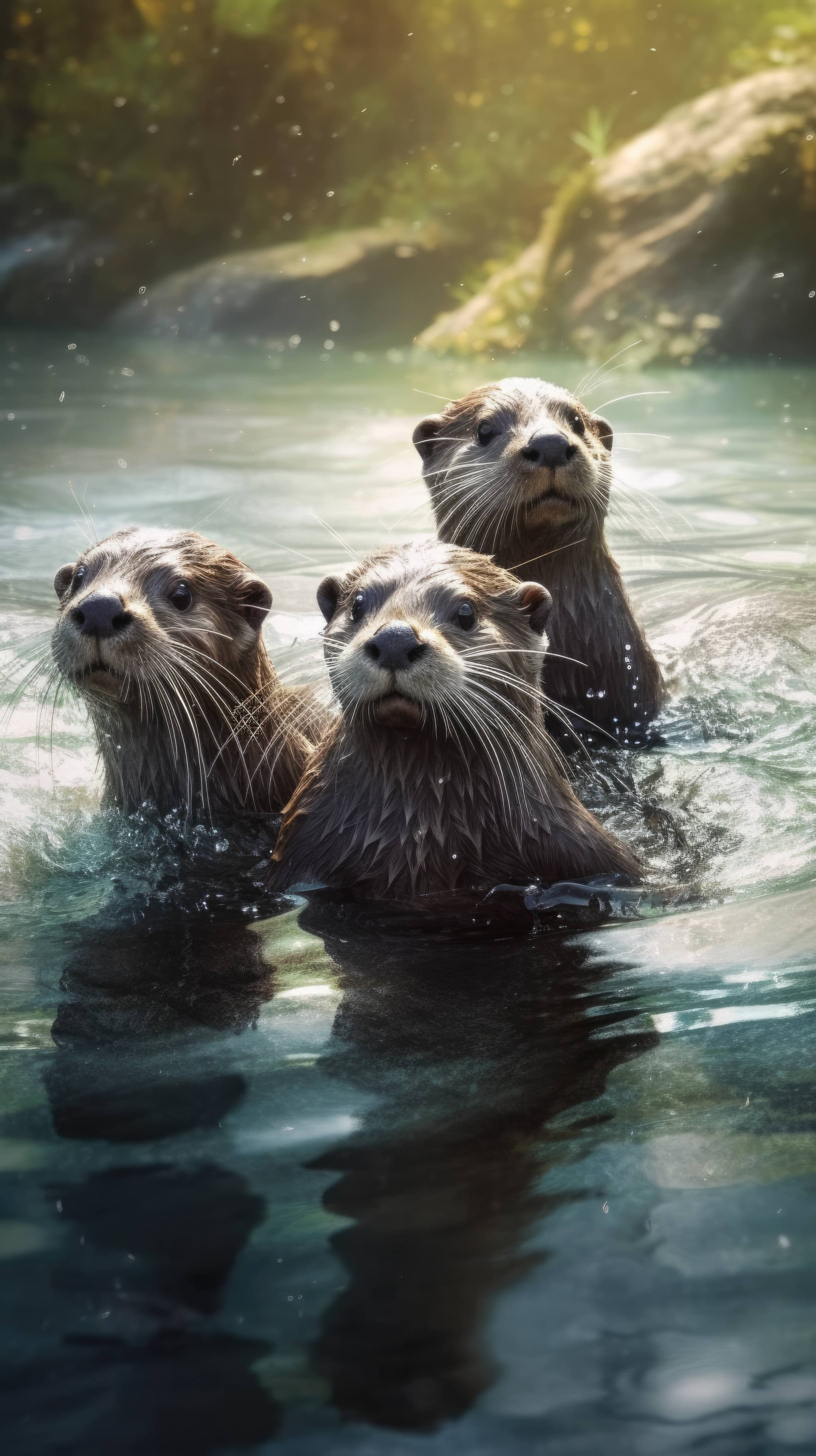 A 4K ultra HD mobile wallpaper featuring a group of playful and curious Otters, frolicking in a sparkling river, their sleek bodies glidinger with effortless grace