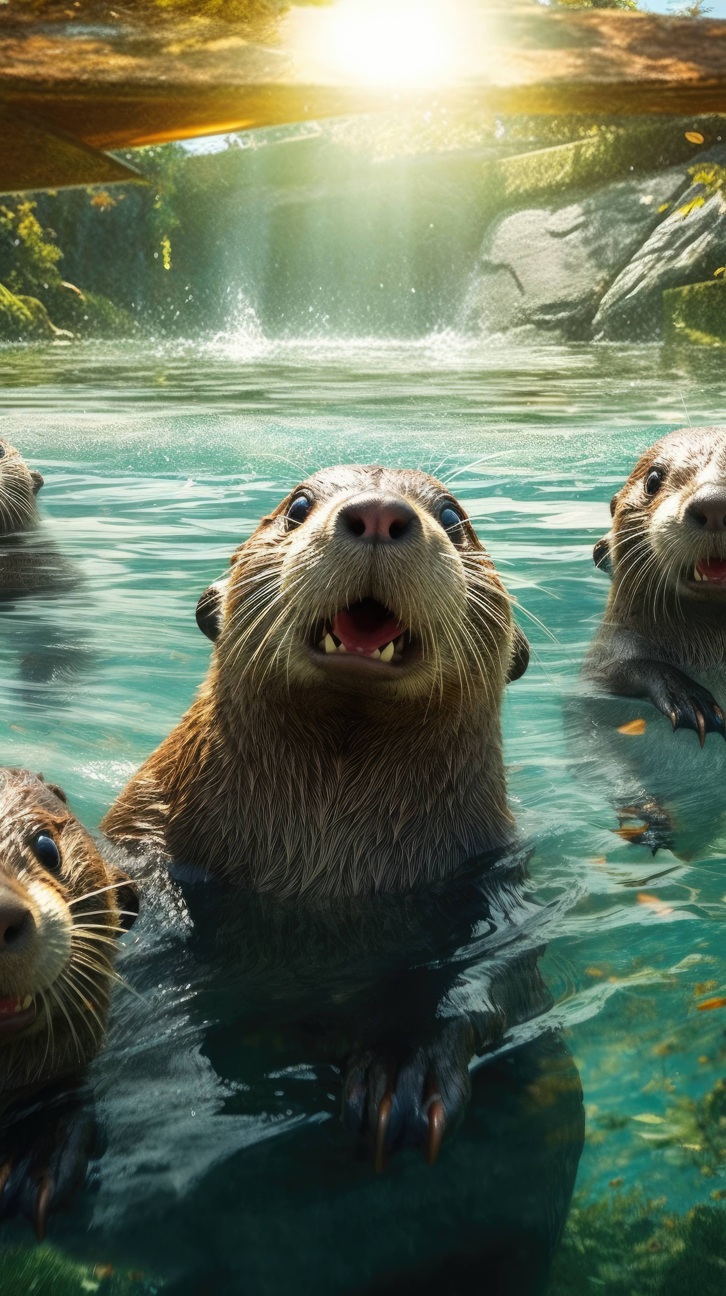 A 4K ultra HD mobile wallpaper featuring a group of playful and curious Otters, frolicking in a sparkling river, their sleek bodies glidinger with effortless grace