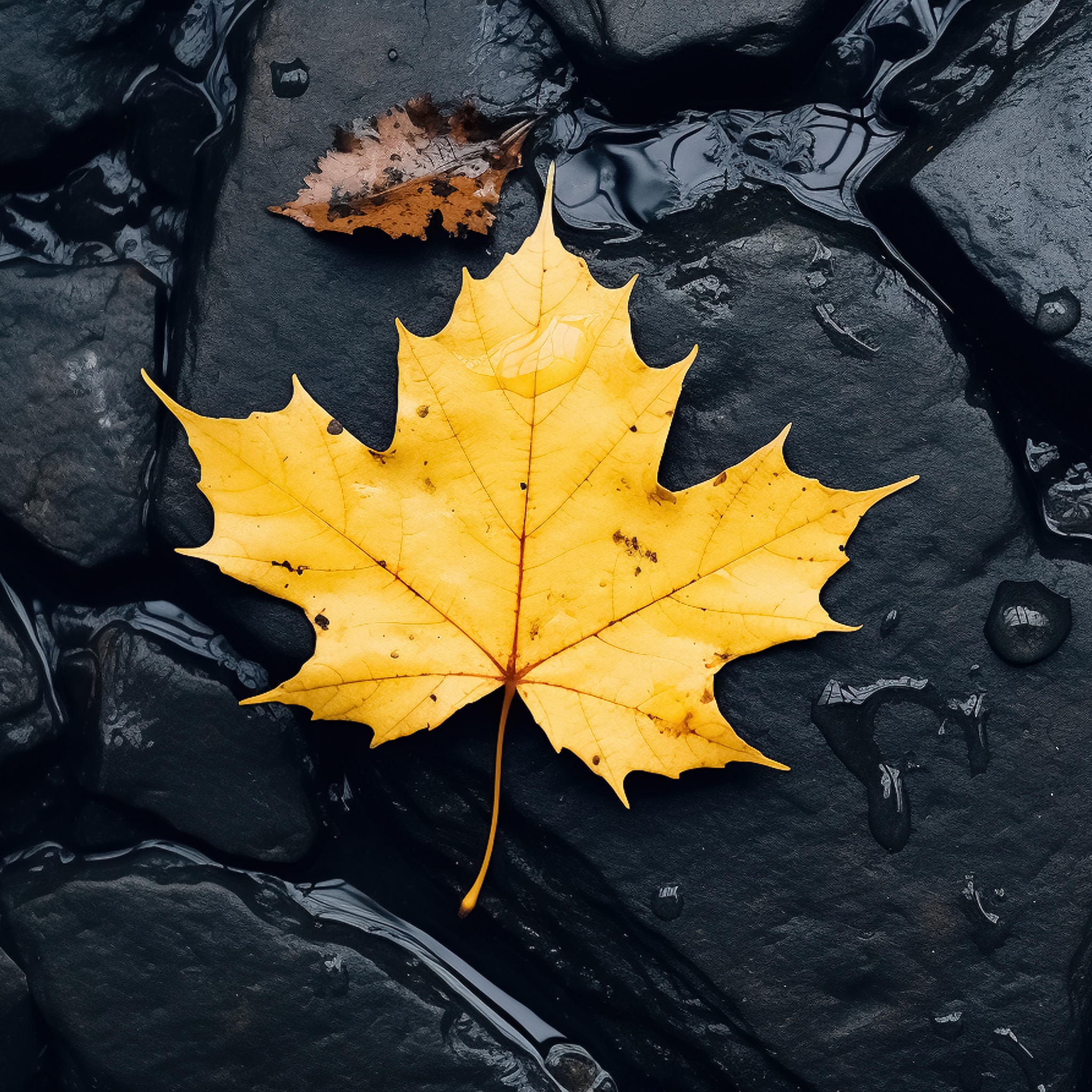 Maple leaf Wallpaper 4K, Black rocks, Water Stream, 5K