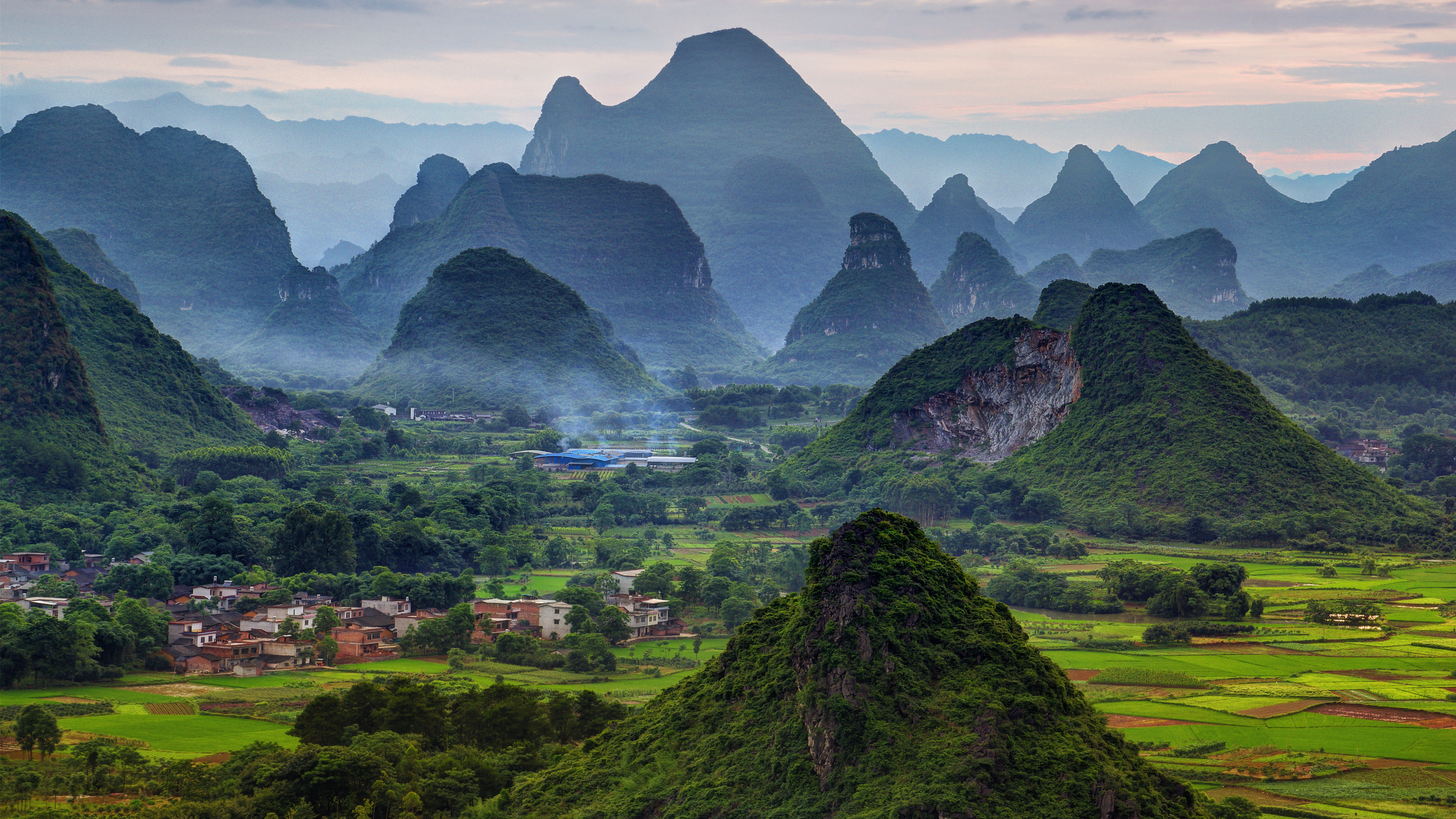 landscape, 4K, mountains, hills, field, China, Guilin, village, naturex2160 Wallpaper