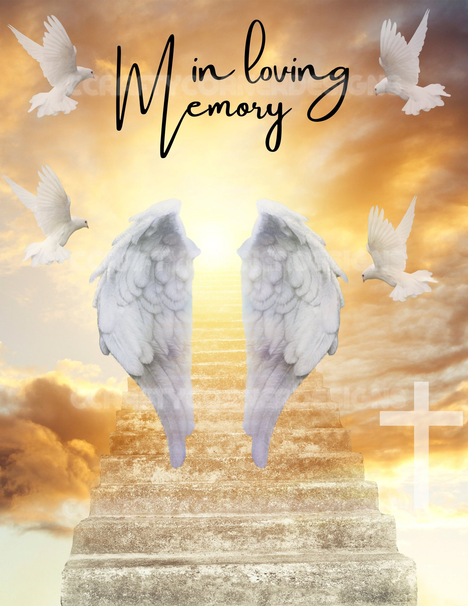 In Loving Memory Background With Wings Clouds Stairs Doves