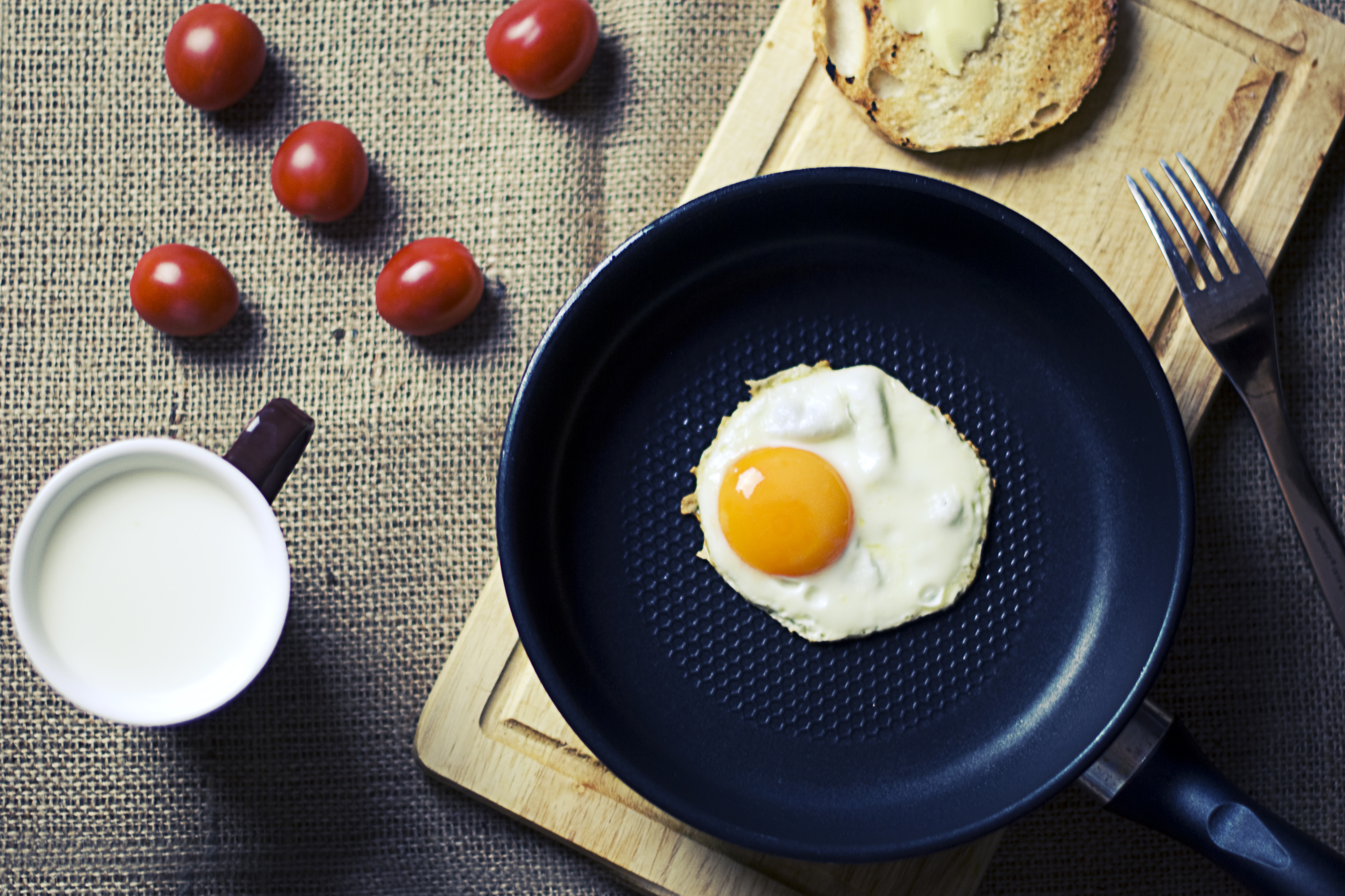 Free Image, fork, morning, cup, dish, meal, food, produce, vegetable, breakfast, baking, milk, mug, delicious, pan, fried egg, tasty, yummy, foodporn, flavor, flowering plant, cherry tomatoes, land plant 3872x2579