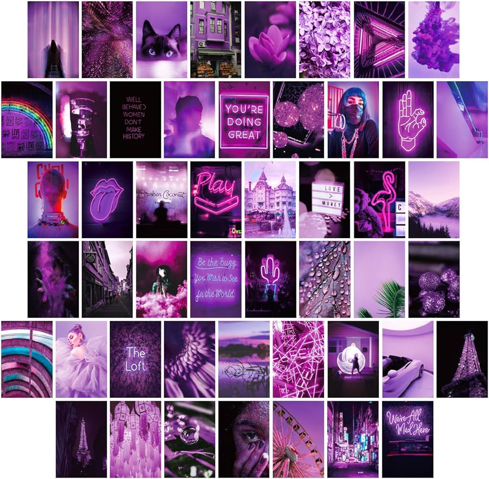 YUMKNOW Purple Wall Collage Kit inch Set of 50, Indie Room Decor for Bedroom Aesthetic, Modern Wall Art Photo Picture, Neon Wall Decor Kawaii Posters for Teen Girls Dorm Spring