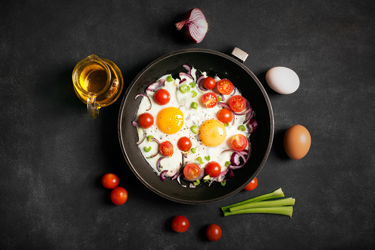 Wallpaper Eggs Fried egg Onion Tomatoes frypan Food