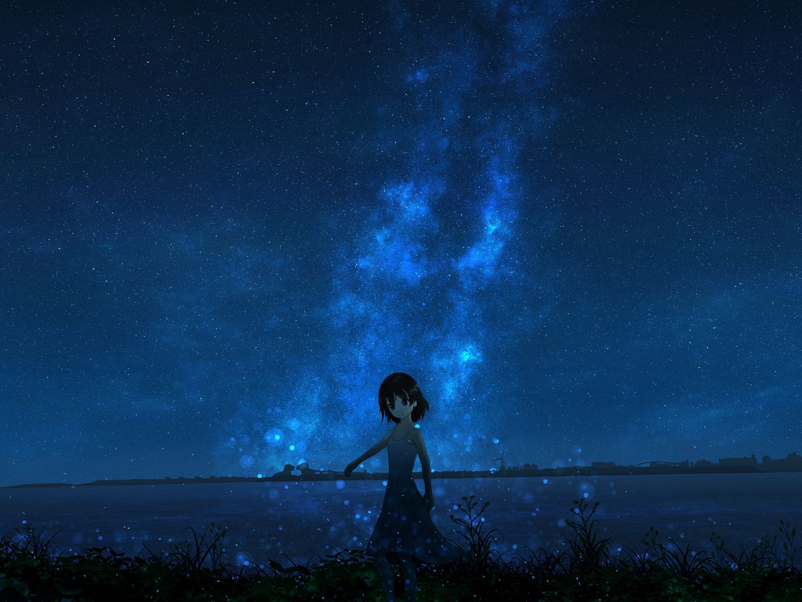Download wallpaper 1600x1200 girl, night, starry sky, anime standard 4:3 HD background