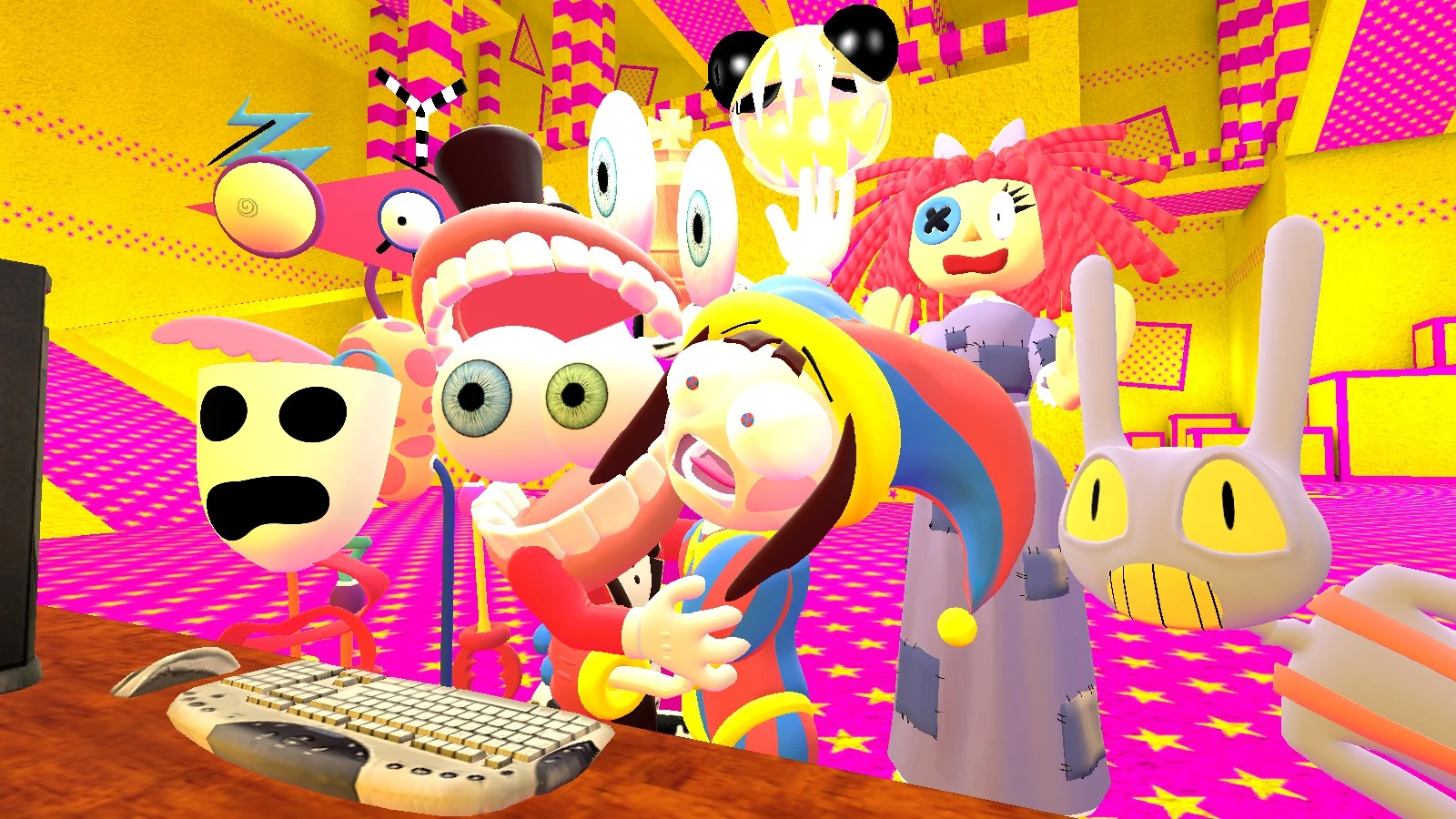 The characters doing the Pizza Tower screaming meme!