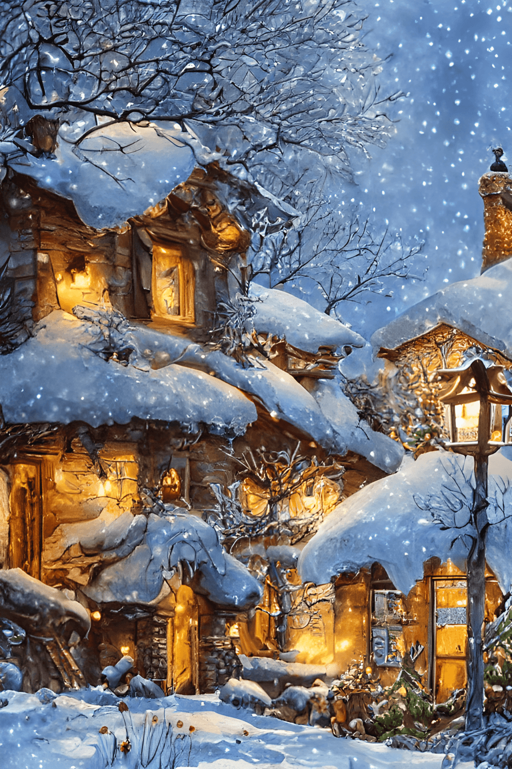 Beautiful Cozy Cottage in Snow Winter Trees Christmas Tree with Lights and Decorations Christmas Decorations Highly Realistic Intricate Maximalist Elegant Ornate Dramatic Int · Creative Fabrica