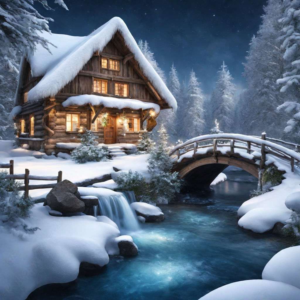 old english two story christmas cottage with lamp posts and garden gate in a village with lighted windows and moonlight in snow by a river with a bridge