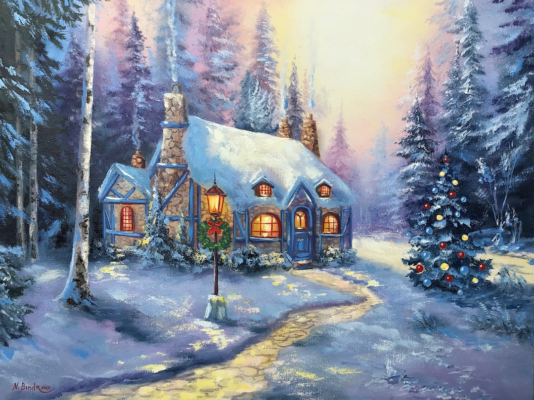 Christmas Cottage Painting Landscape Original Art Winter