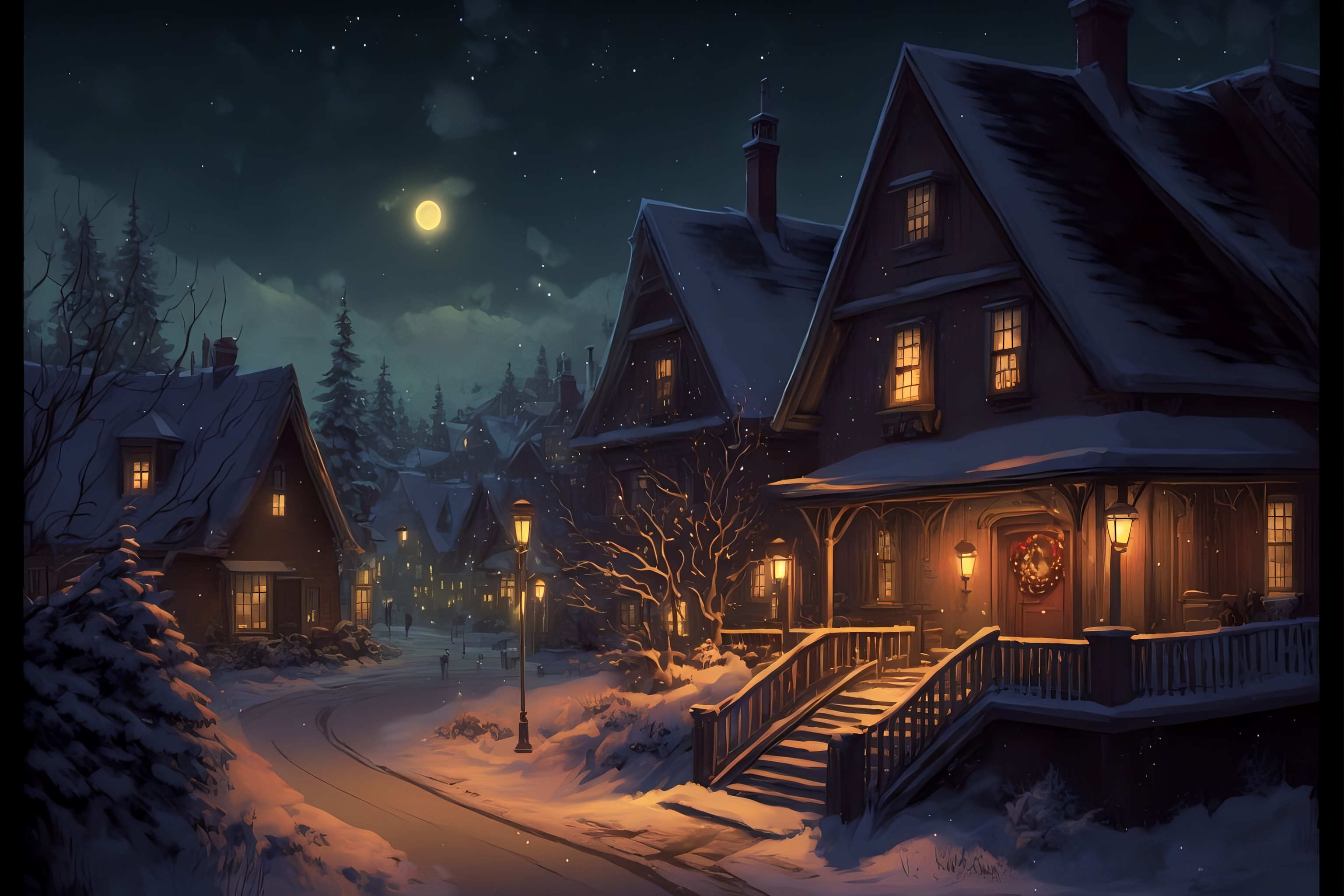 snow, Christmas, full moon, trees, pine trees, house, night, landscape, digital art, AI artx2048 Wallpaper
