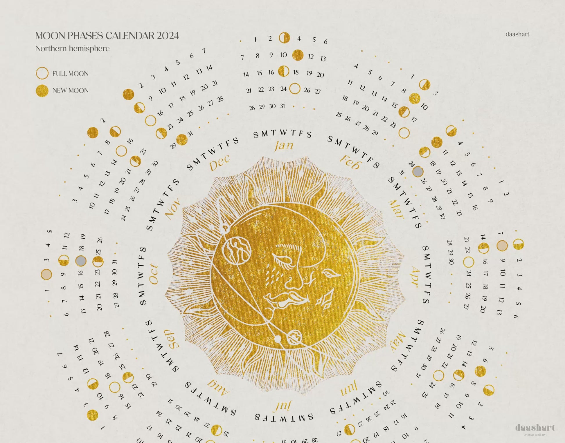 Printable 2024 lunar calendar Gold kiss moon and sun Desktop wallpaper, iPad