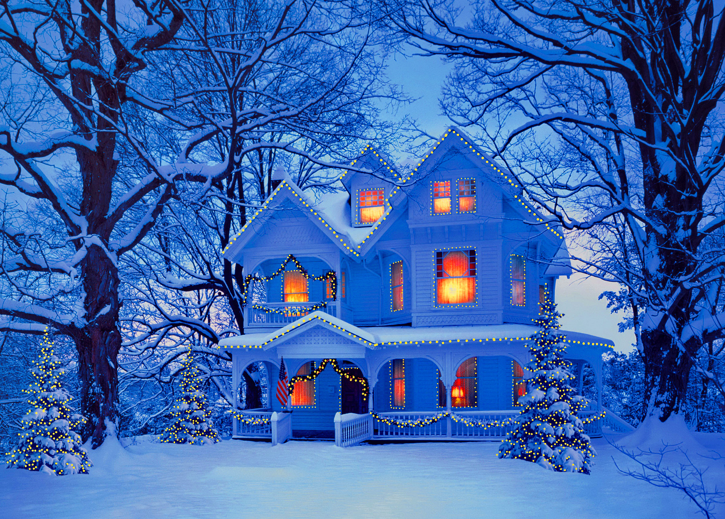 HD desktop wallpaper: Winter, Snow, Light, Christmas, Holiday, House, Glow, Christmas Tree download free picture