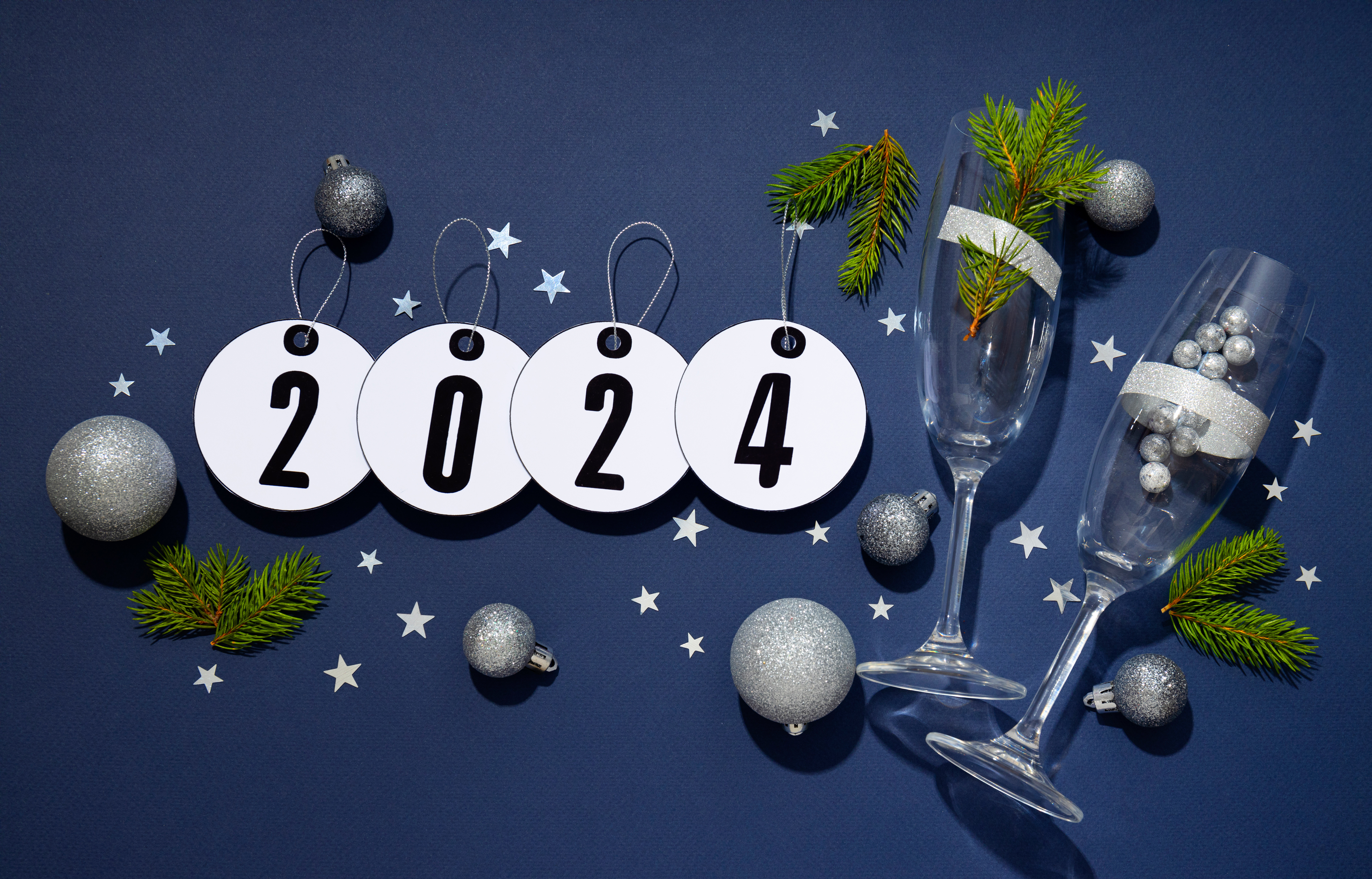 2024 New year Wallpaper 4K, Blue aesthetic, Party confetti