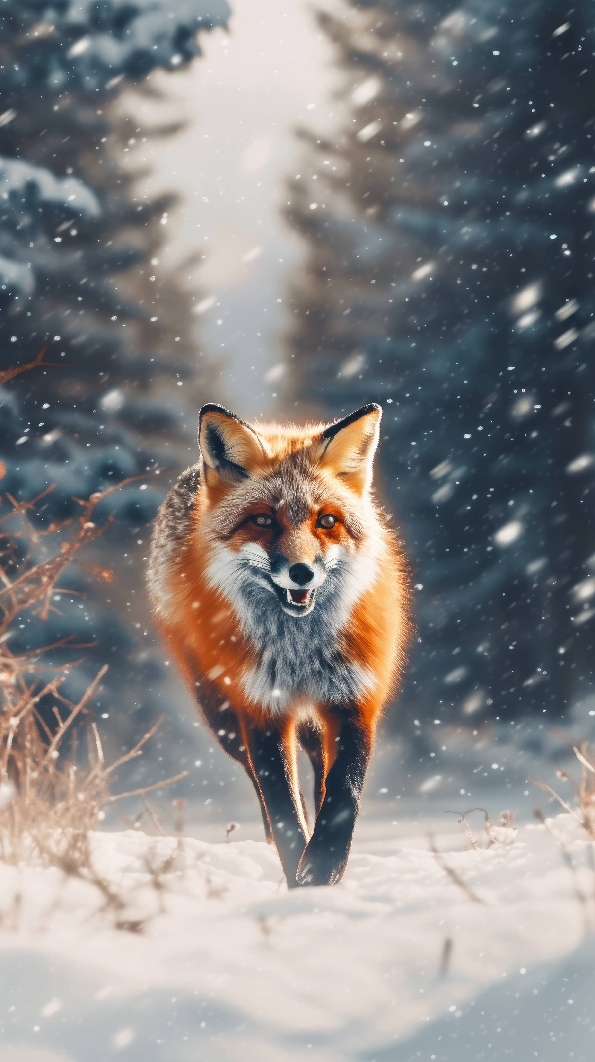 A 4K ultra HD mobile wallpaper featuring a playful and agile Red Fox, leaping gracefully through a snowy forest, its bushy tail and fiery coat standing out against the winter landscape