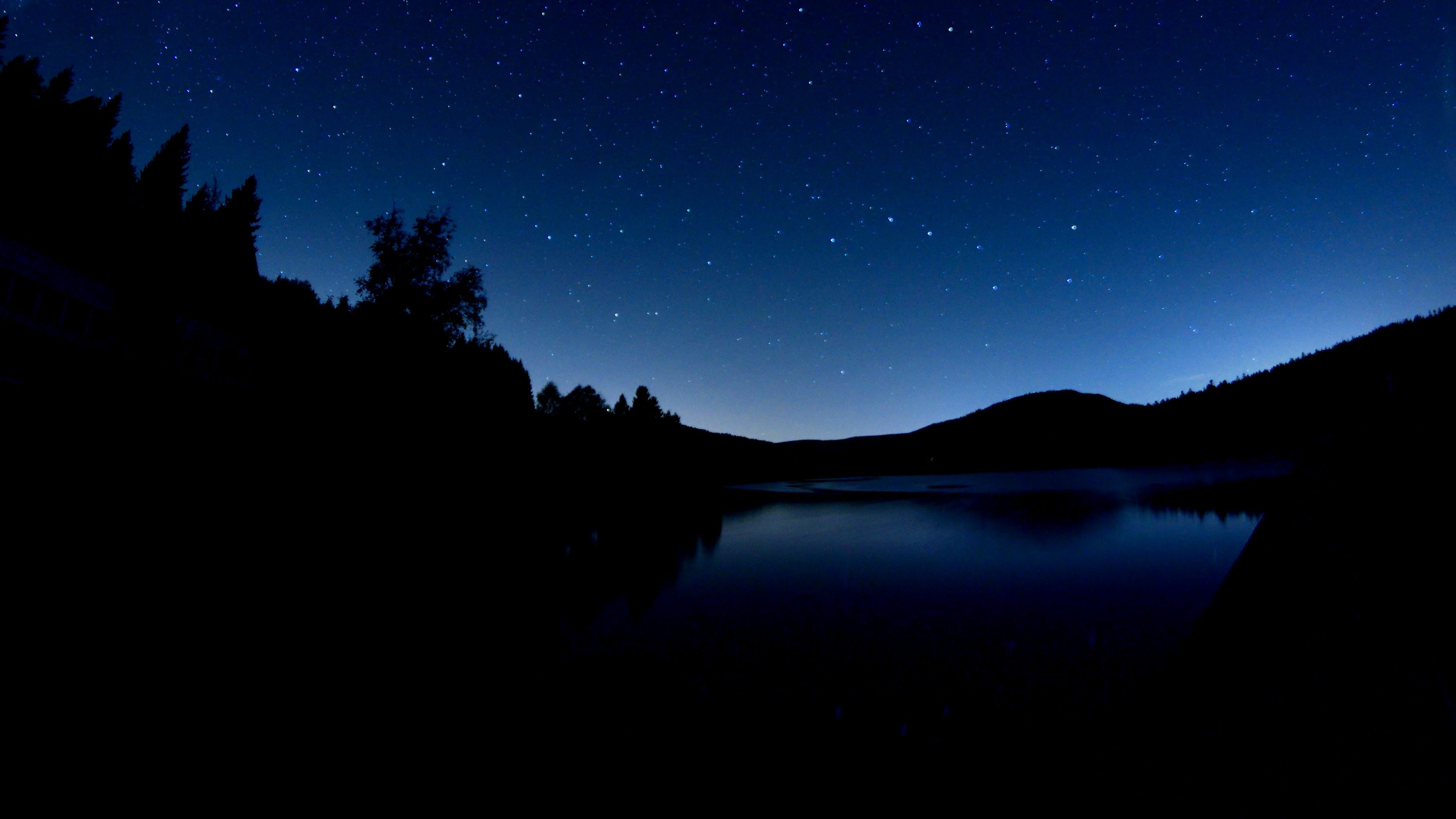 lake, dark, night, starry sky, landscape, 4k HD Wallpaper