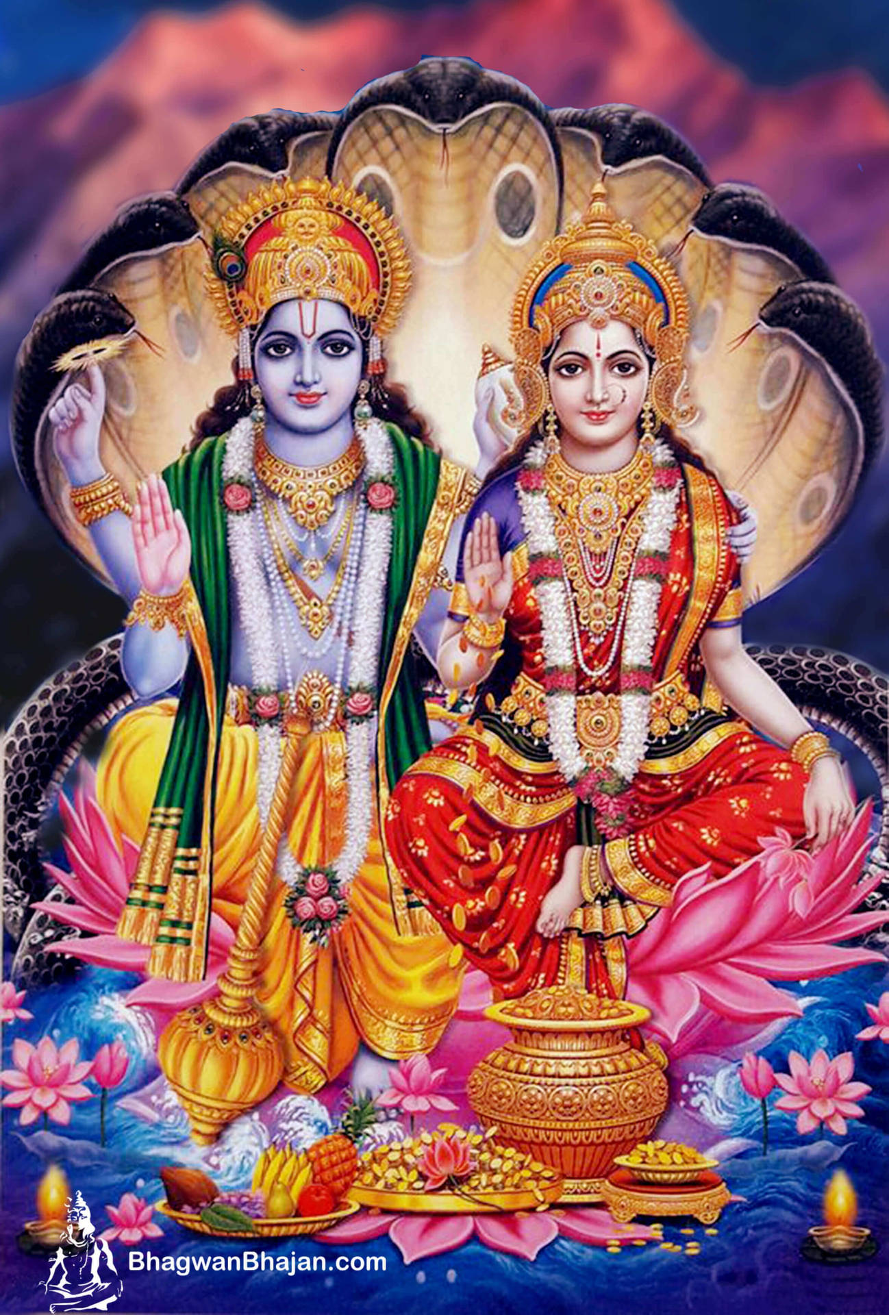 Download Lord Vishnu And Lakshmi On A Lotus Wallpaper