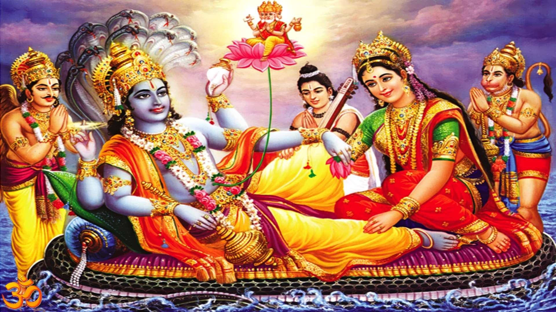Download Goddess Lakshmi With Vishnu And Servants HD Wallpaper