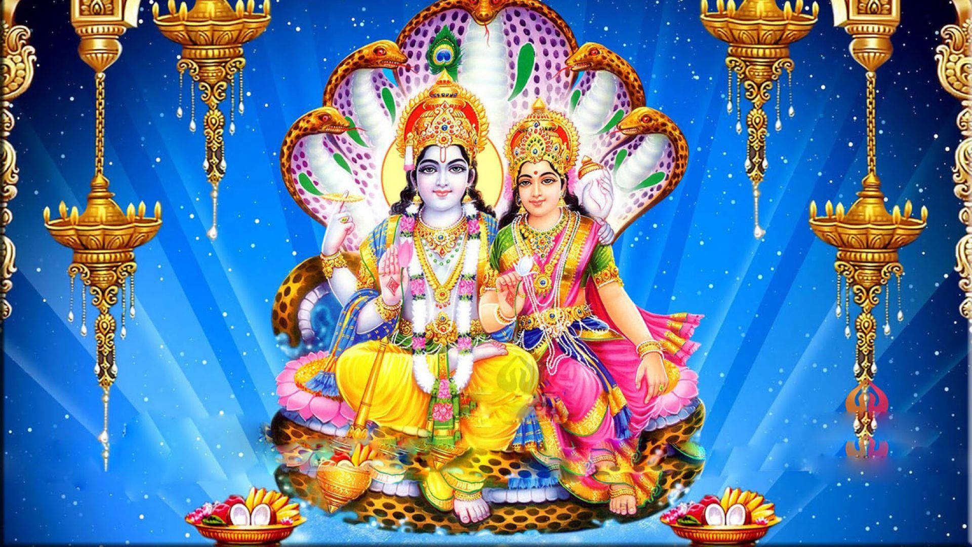 Download Goddess Lakshmi And Vishnu Gold Chandeliers HD Wallpaper
