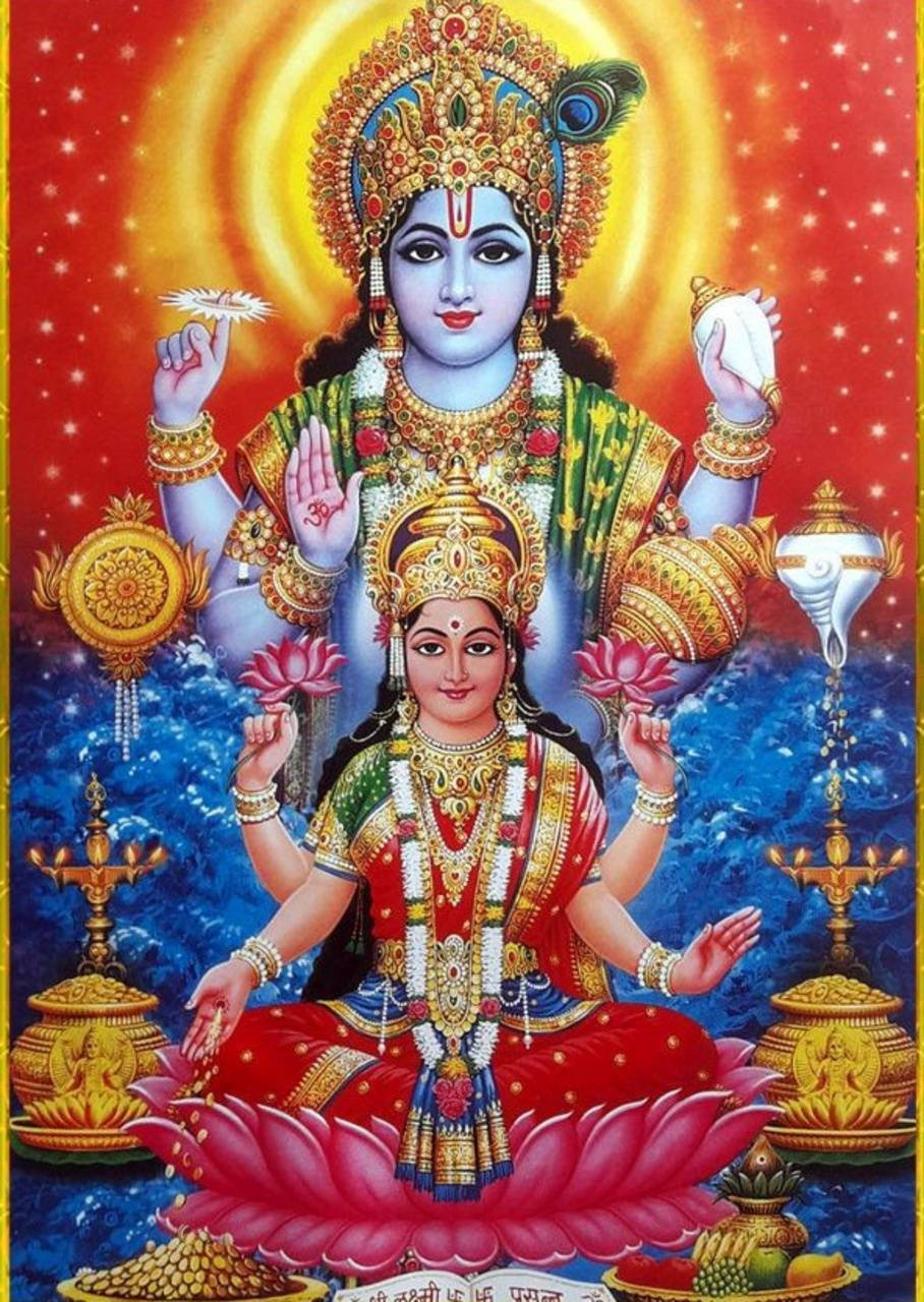 Download Laxmi Narayan Vishnu Standing Over Lakshmi Wallpaper