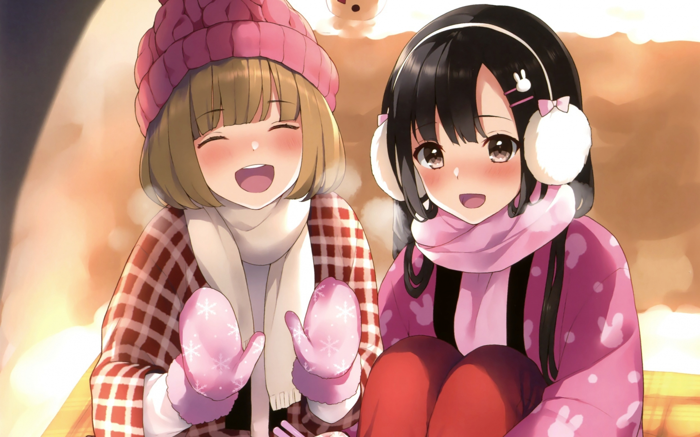 Download wallpaper 1440x900 winter, cute anime girls, friends, 1440x900 widescreen 16:10 HD background, 3866