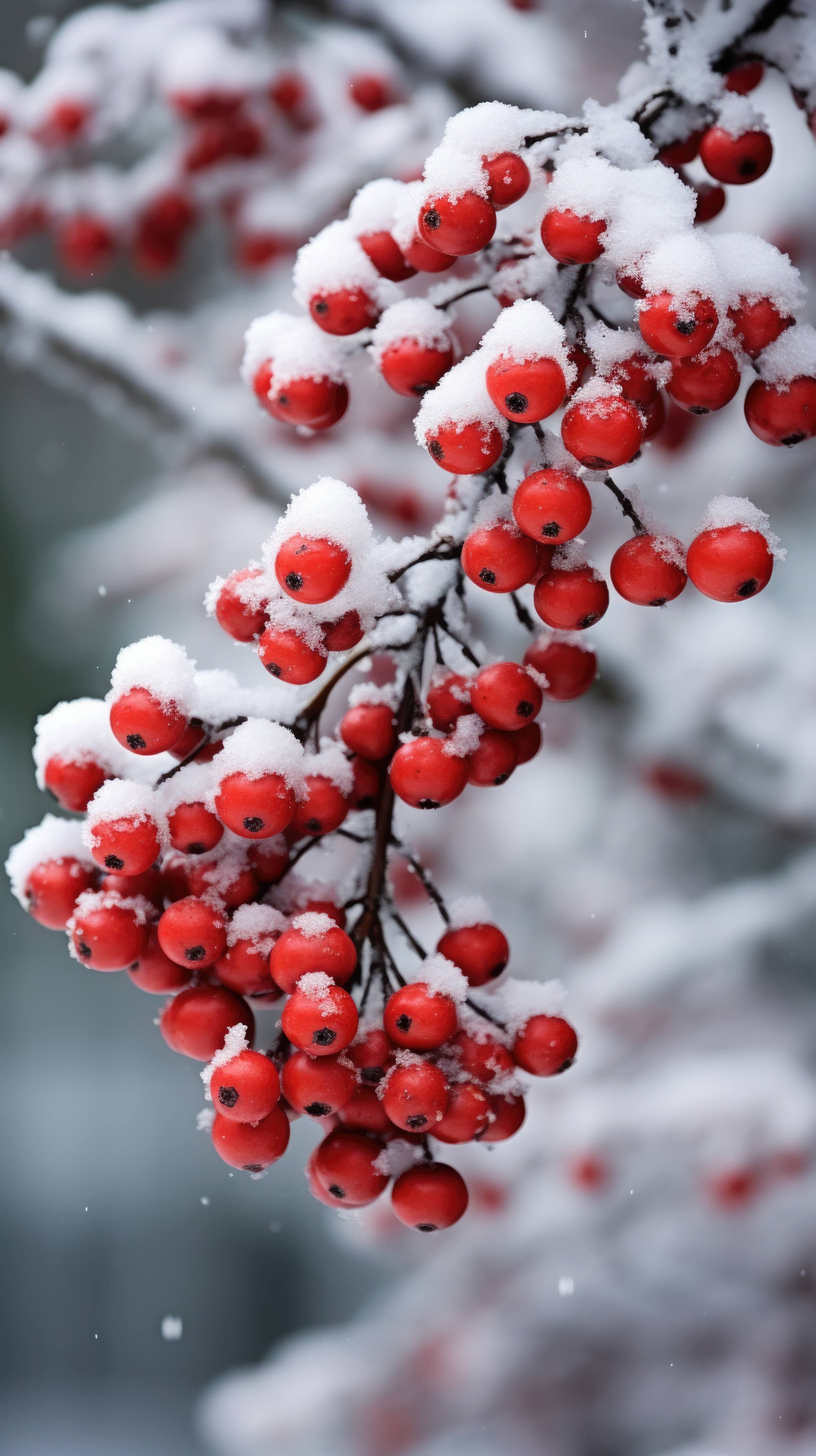 Delicate snowflakes cling to pine boughs laden with red winter berries and a dusting of snow