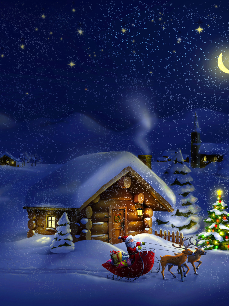 Mobile wallpaper: Night, Snow, Christmas, Holiday, Christmas Tree, Sleigh, Santa, Snowfall, Cabin, Reindeer, 1263256 download the picture for free