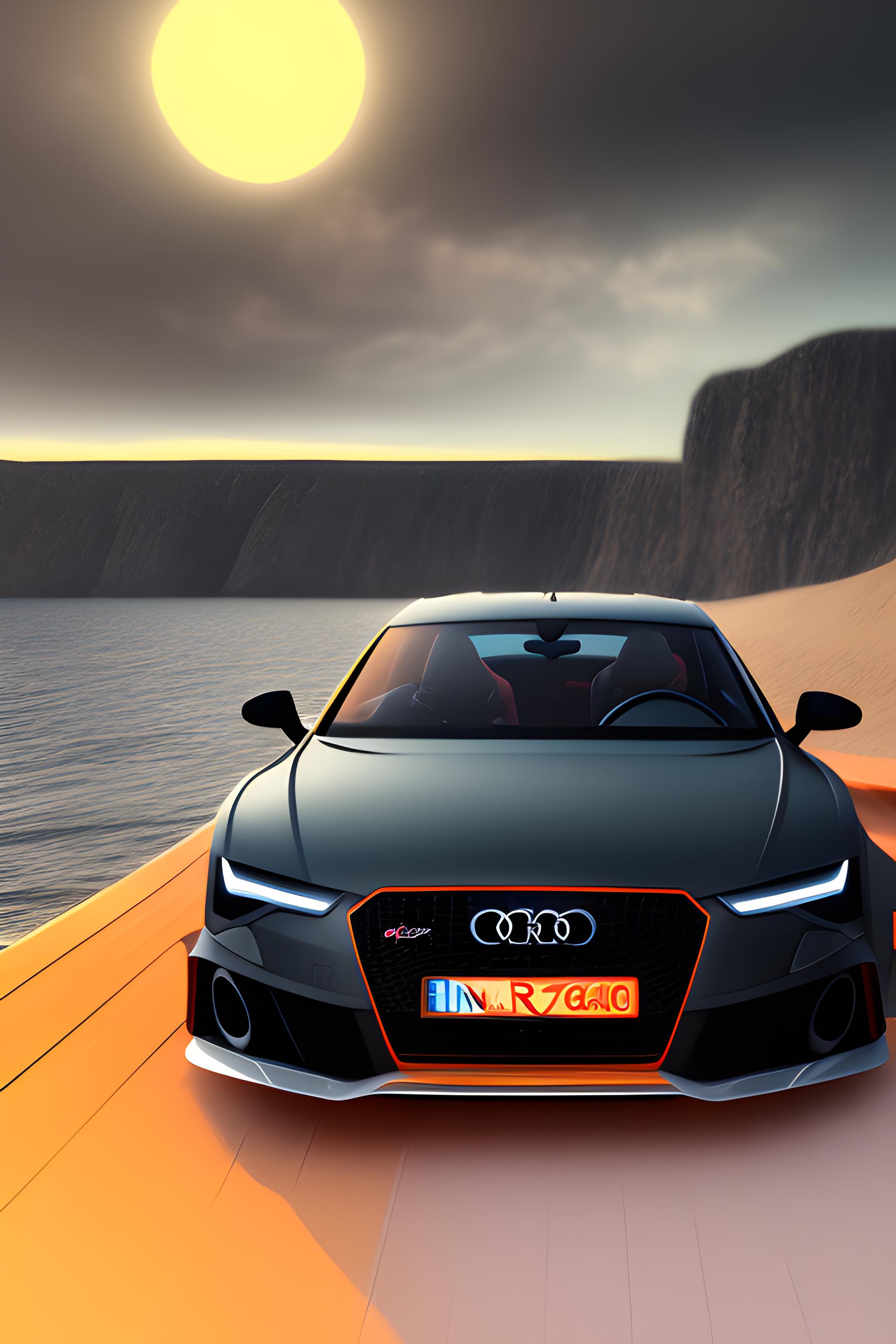 realistic, matte dark gray and orange themed audi rs7 2023, driving into the sunset, beach on one side, mountains on the other side