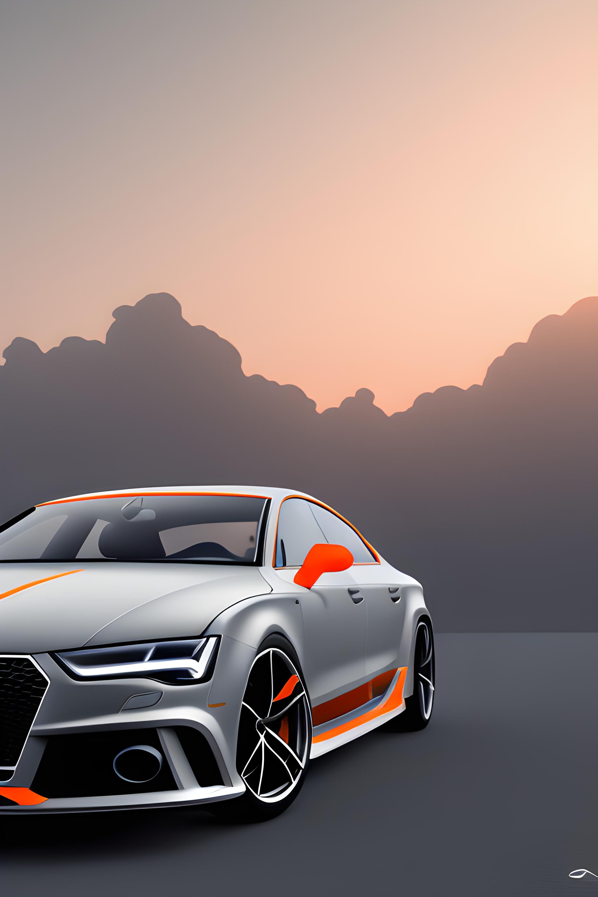 matte gray and orange themed audi rs7 2023 driving into the sunset