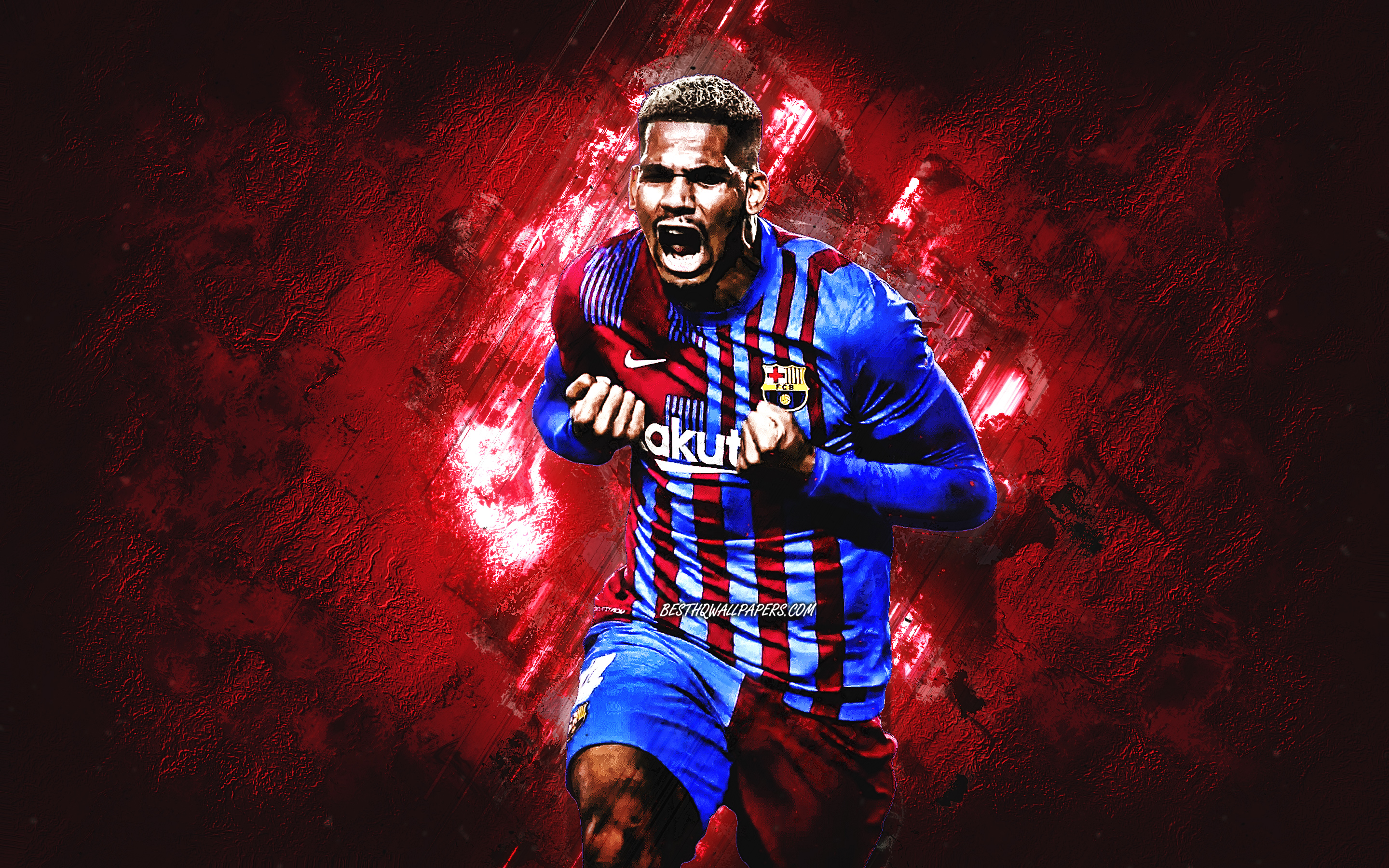 Download wallpaper Ronald Araujo, FC Barcelona, Uruguayan footballer, portrait, burgundy stone background, La Liga, football for desktop with resolution 2880x1800. High Quality HD picture wallpaper