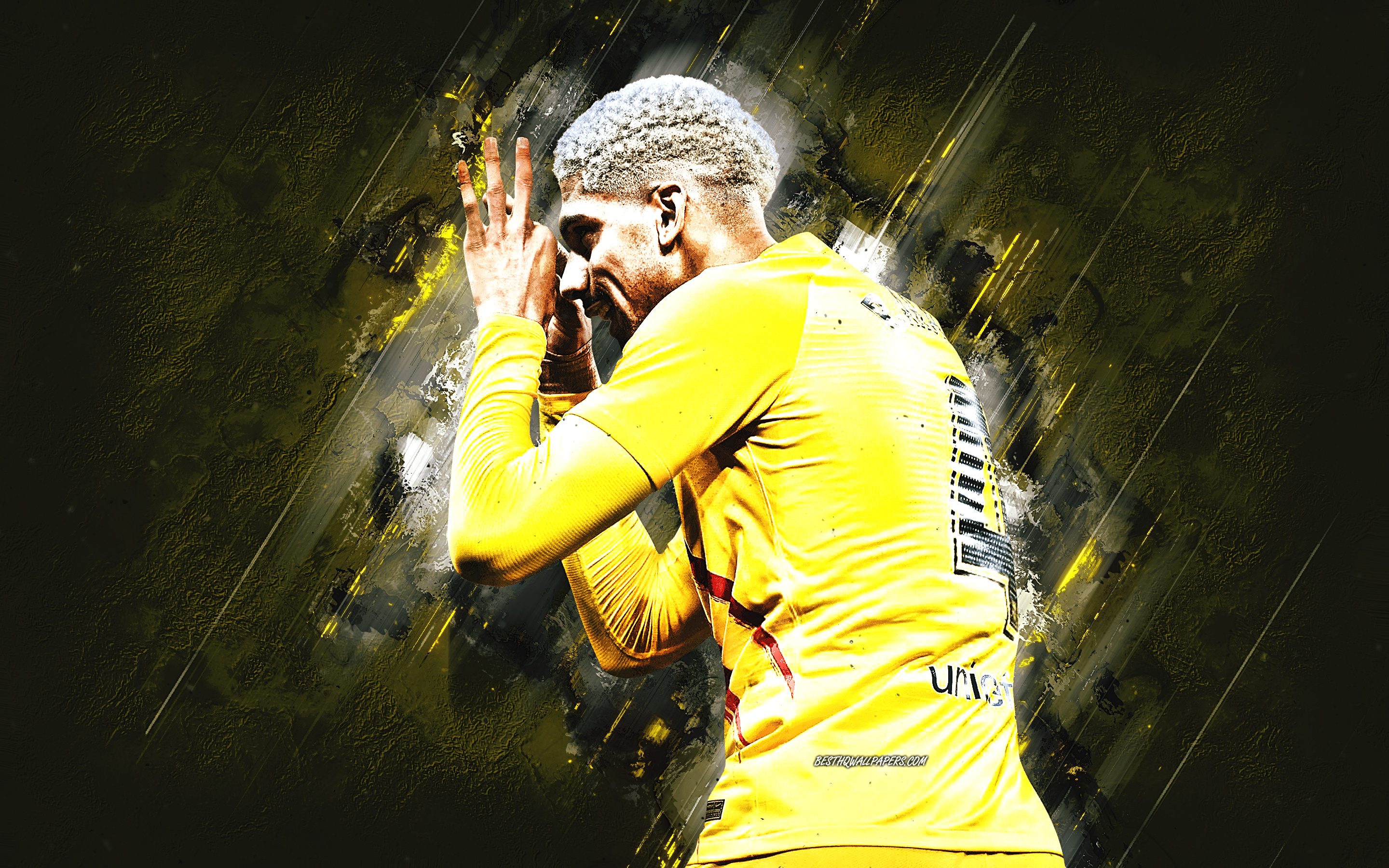 Download wallpaper Ronald Araujo, FC Barcelona, Uruguayan football player, yellow stone background, football, La Liga, Spain for desktop with resolution 2880x1800. High Quality HD picture wallpaper