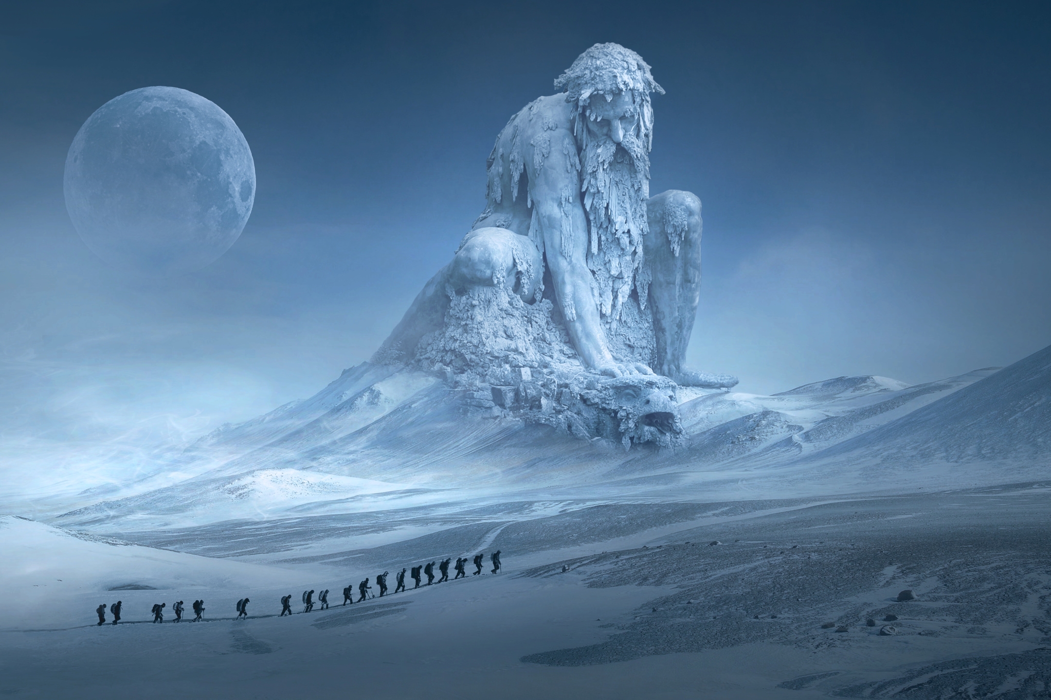 Mobile wallpaper: Landscape, People, Winter, Fantasy, Moon, Snow, Statue, Adventure, 1316108 download the picture for free