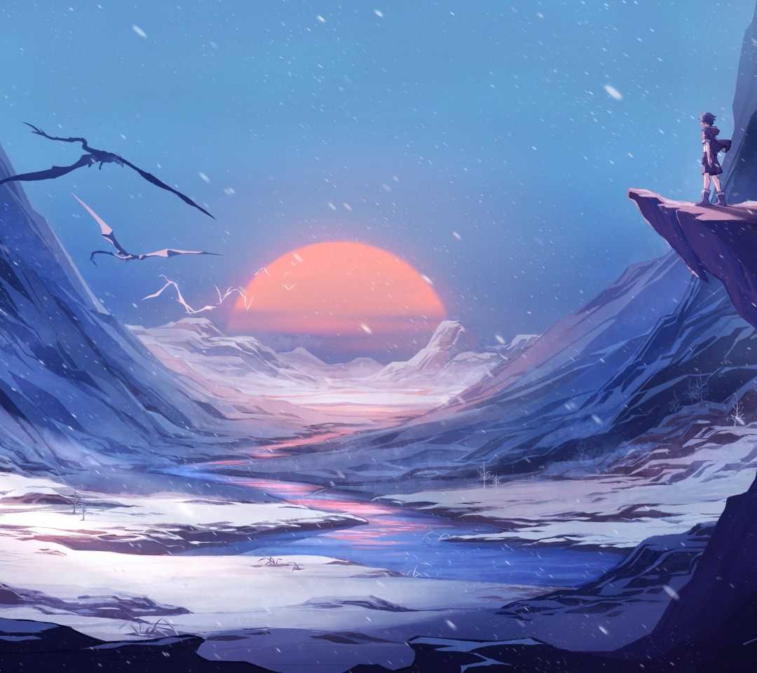 Download wallpaper fantasy, Landscape, river, sunset, winter, mountains, snow, sun, section fantasy in resolution 1080x960