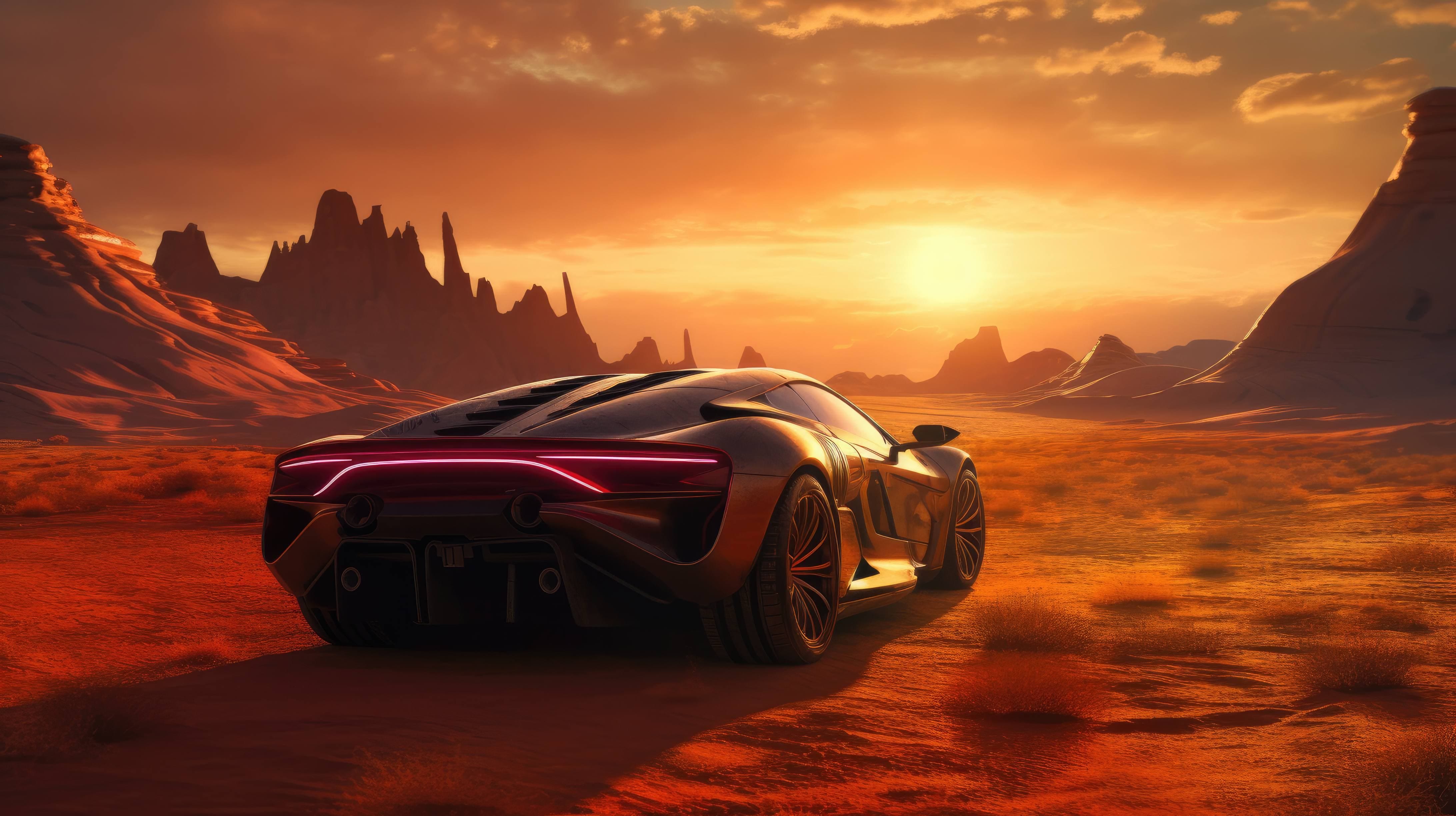 A 4K ultra HD wallpaper of a futuristic car with a human driver, driving through a desert landscape