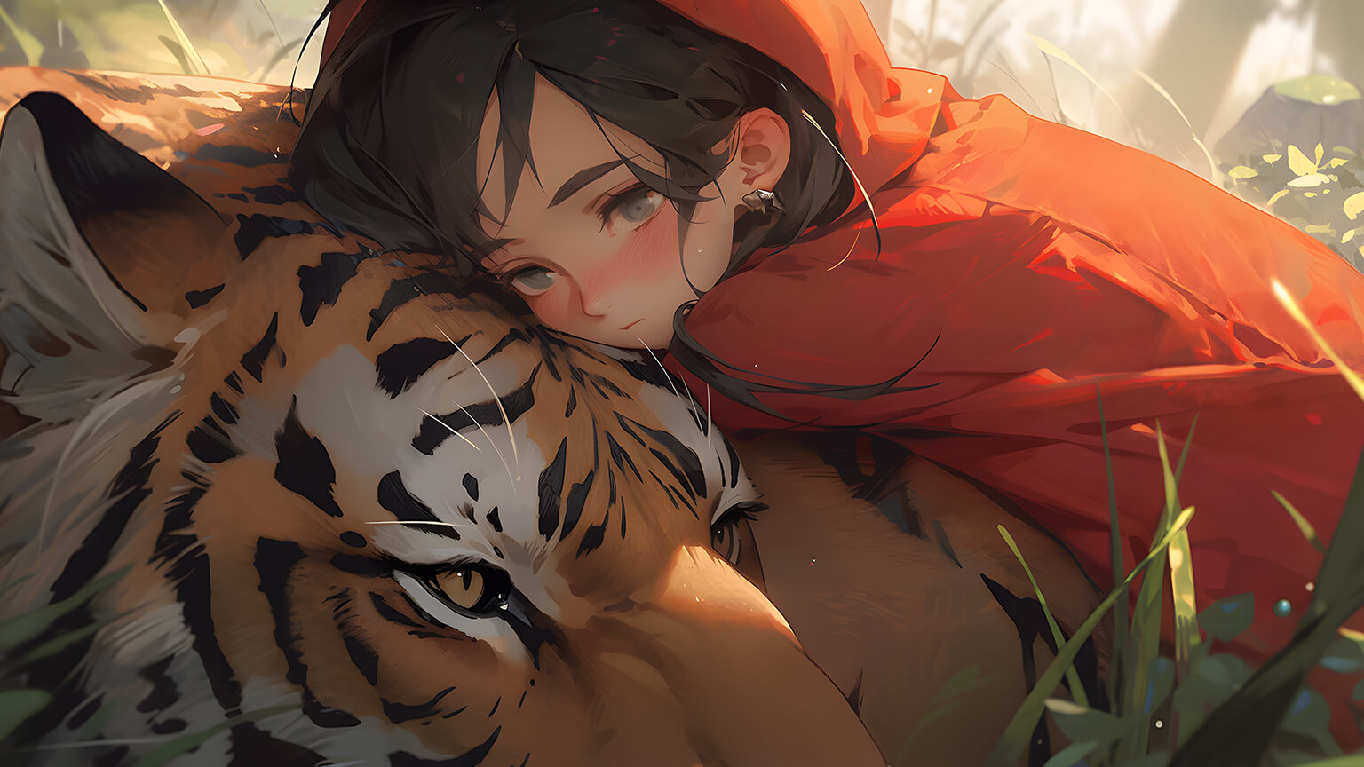 Sad Anime Girl with Tiger Desktop
