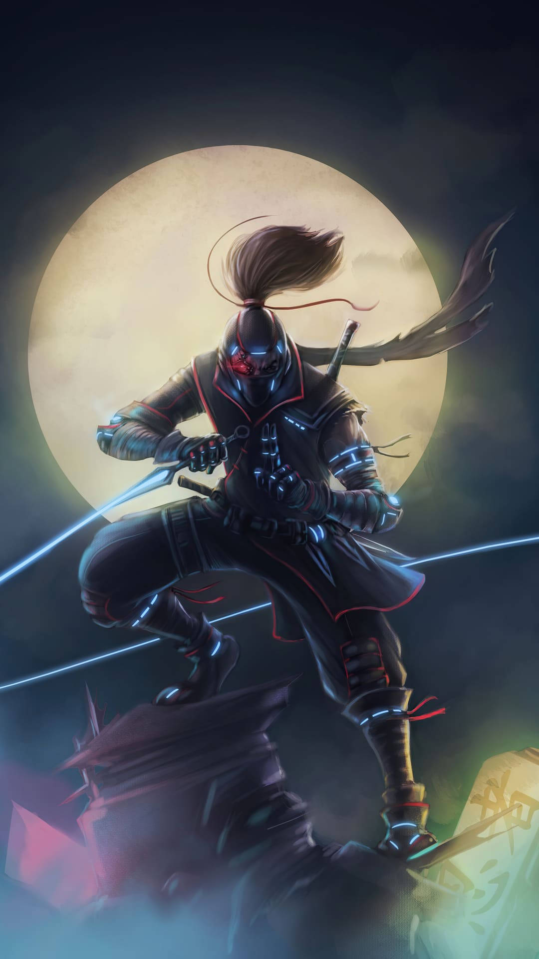 Download Futuristic Cyberpunk Ninja Anime Art for Phones Wallpaper