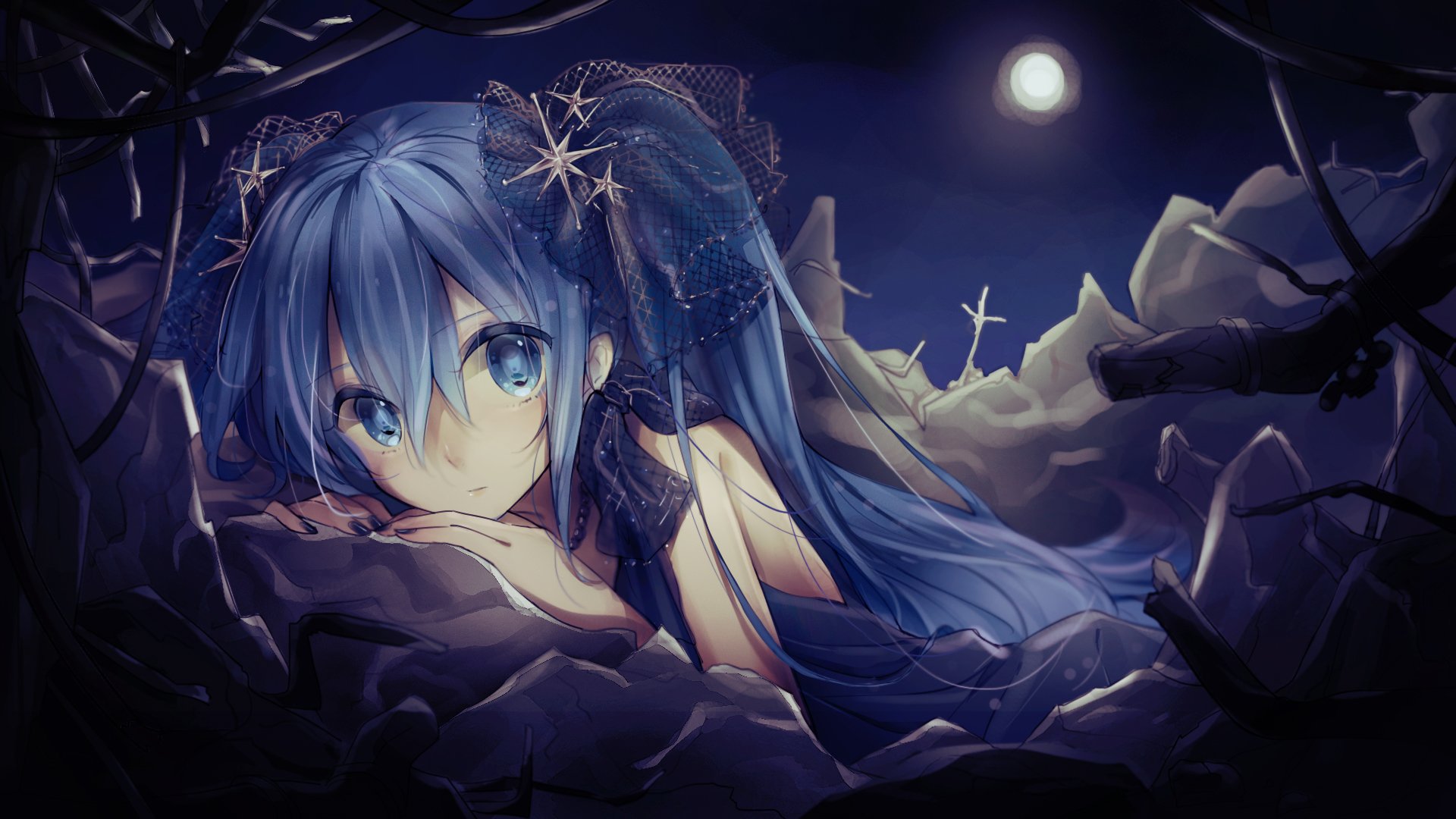 Vocaloid Hatsune Miku Full Moon Outdoors Blurry wallpaperx1080