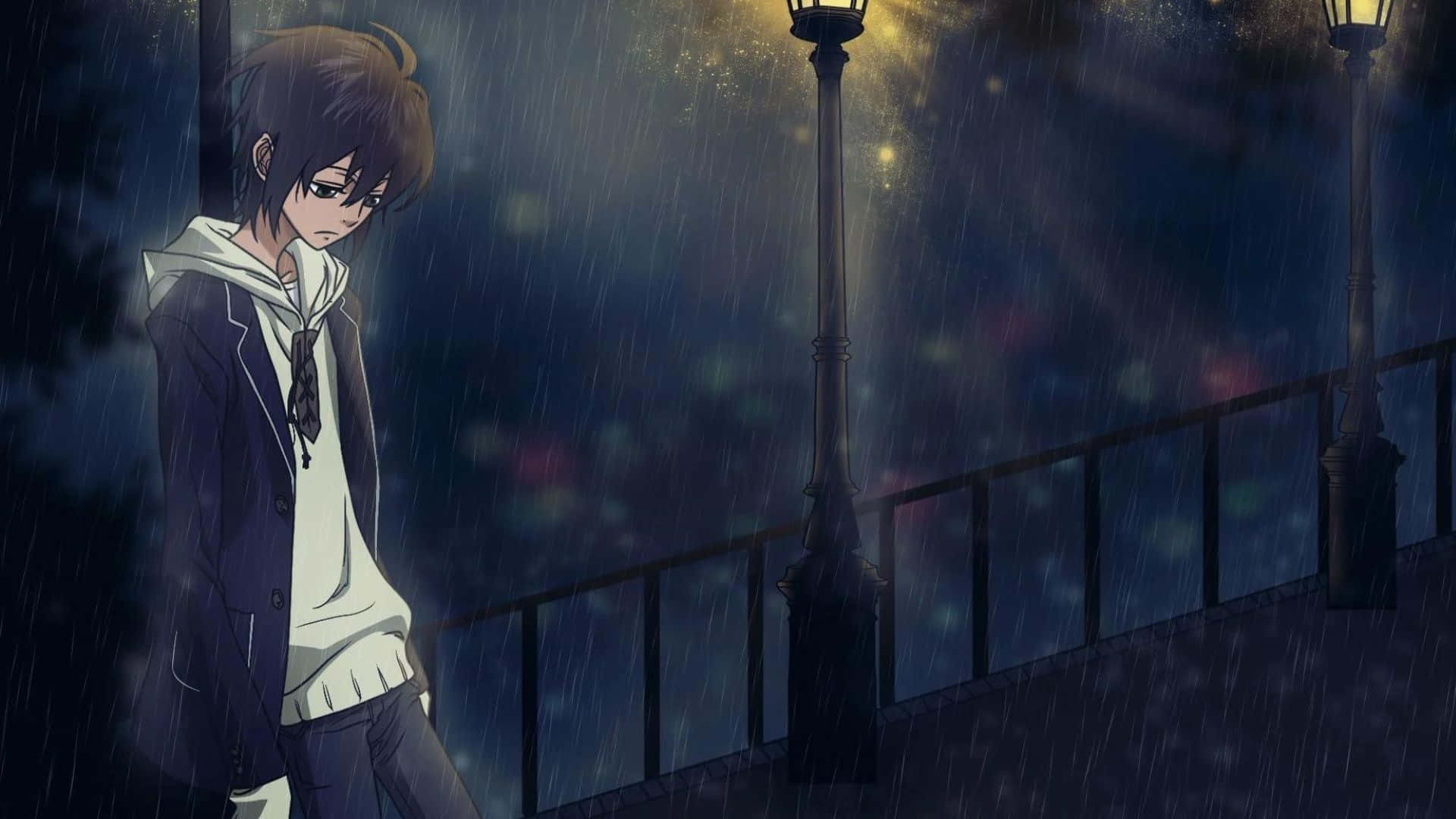 Download Light Post Anime Rain Guy Blurry Background
