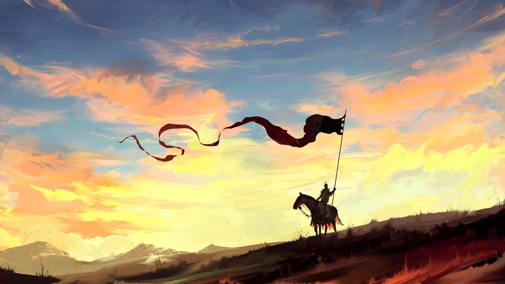 warrior riding horse with flag digital wallpaper #banner #horse #soldier #knight Dominik Mayer #artwork fantasy ar. Digital wallpaper, Knight on horse, Sunset art