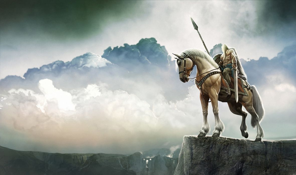 Warrior Horses Spear Clouds Fantasy wallpaperx1138