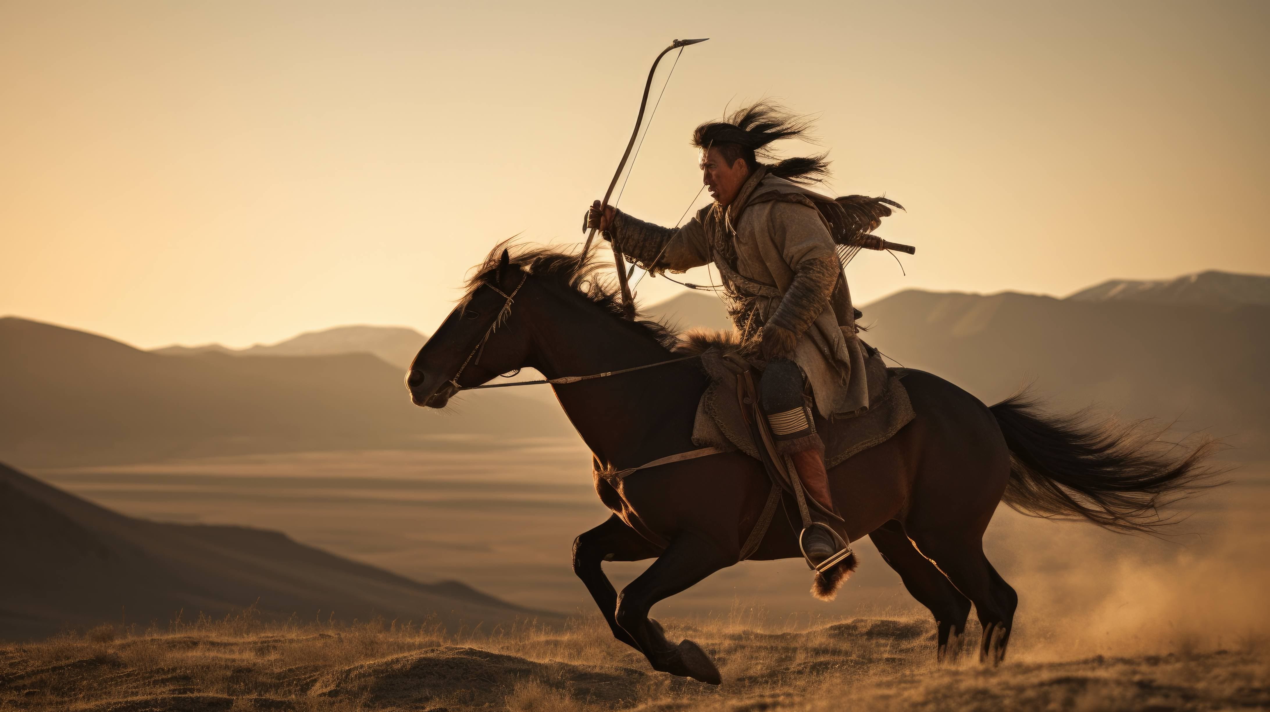A 4K ultra HD wallpaper of a powerful Mongol warrior on horseback, galloping across the vast and rugged steppe, with his bow and arrow at the ready and the wind