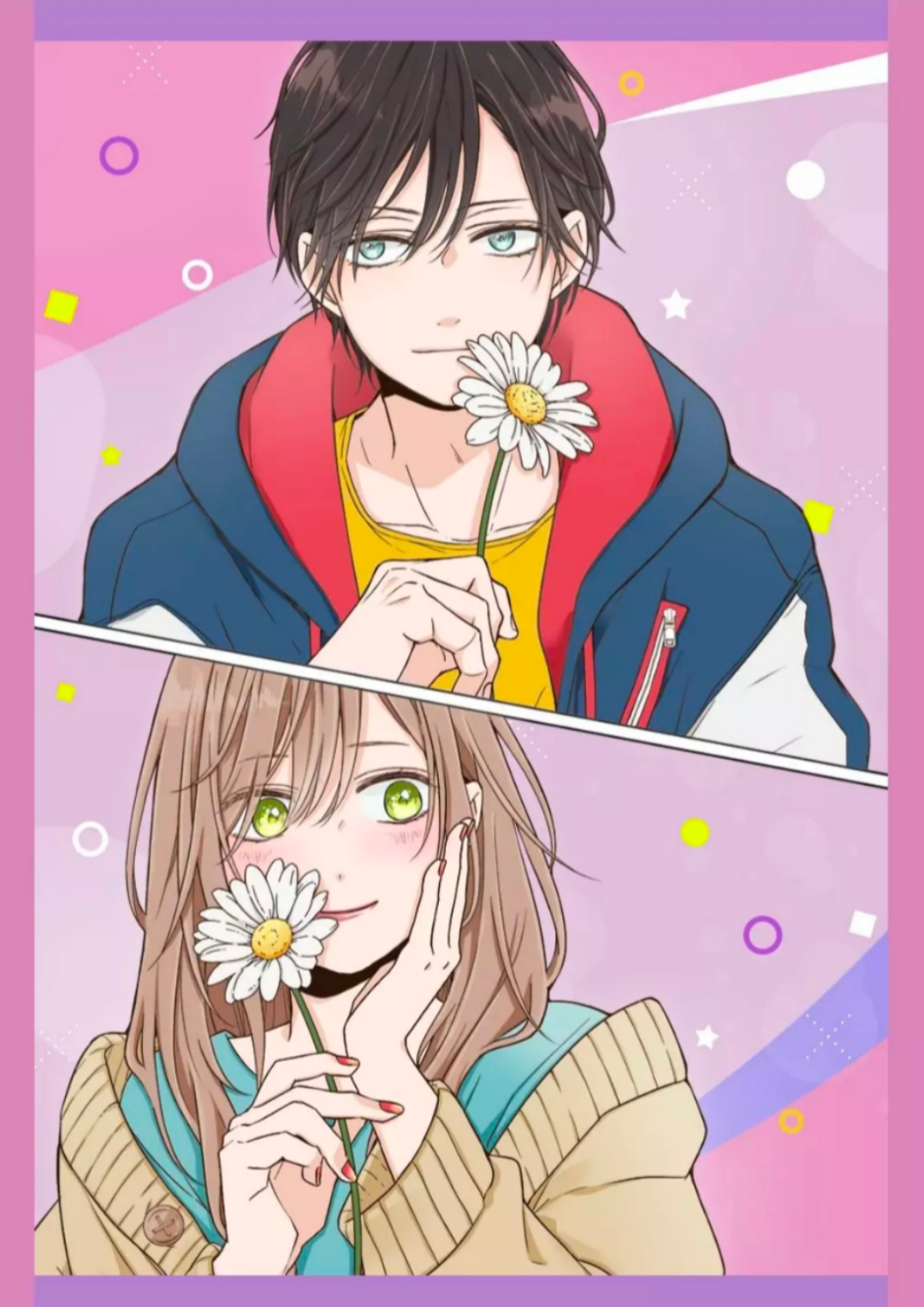 Kinoshita Akane, Yamada Akito, Yamada Kun To Lv999 No Koi Wo Suru, Highres, Official Art, Third Party Source, 1boy, 1girl, Black Hair, Blue Eyes, Brown Cardigan, Brown Hair, Buttons, Cardigan, Circle, Closed Mouth, Drawstring