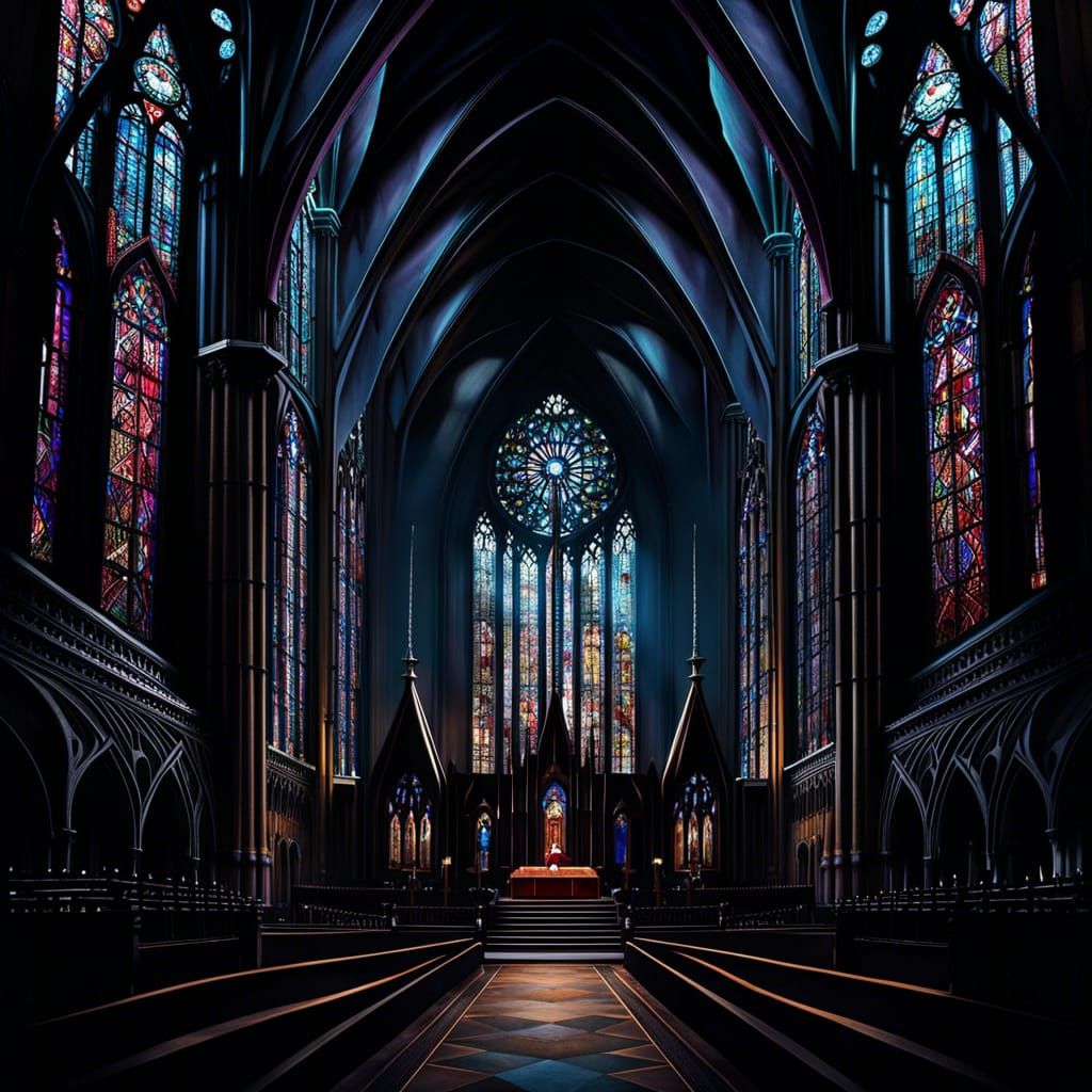 Gothic Church Grand Cathedrals With Soaring Spires, Intricate Stained Glass Windows Horror Dark Academia Dark Fantasy Eldritch Elaborate Det