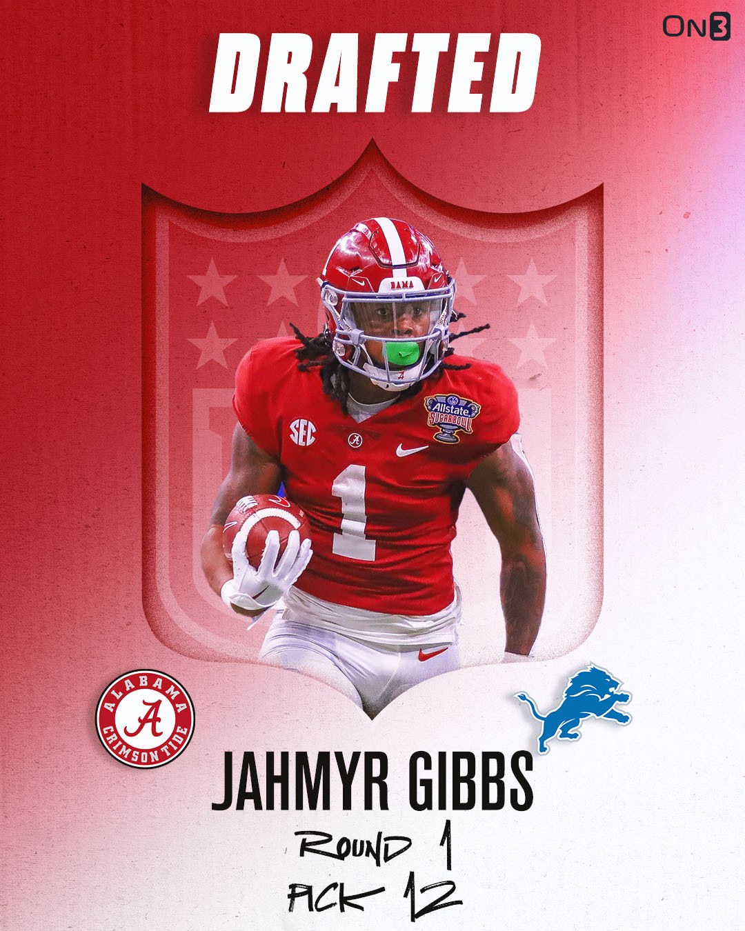 On3 Detriot Lions select Alabama RB Jahmyr Gibbs with the 12th pick in the 2023 NFL Draft