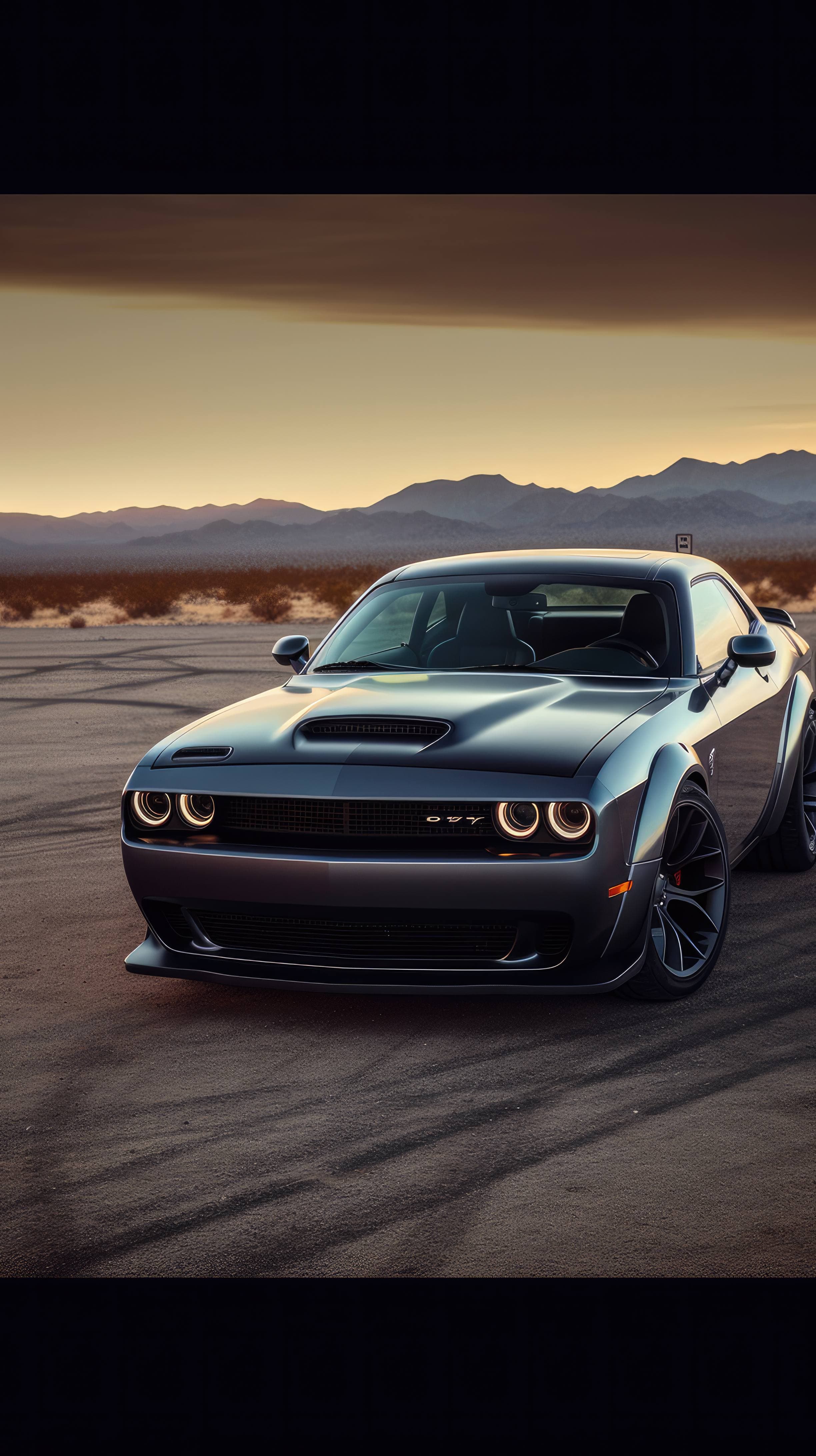 Take a ride on the wild side with a mobile wallpaper of a 2021 Dodge Challenger Hellcat Redeye, featuring its menacing front grille and sleek black finish that exudes power and attitude