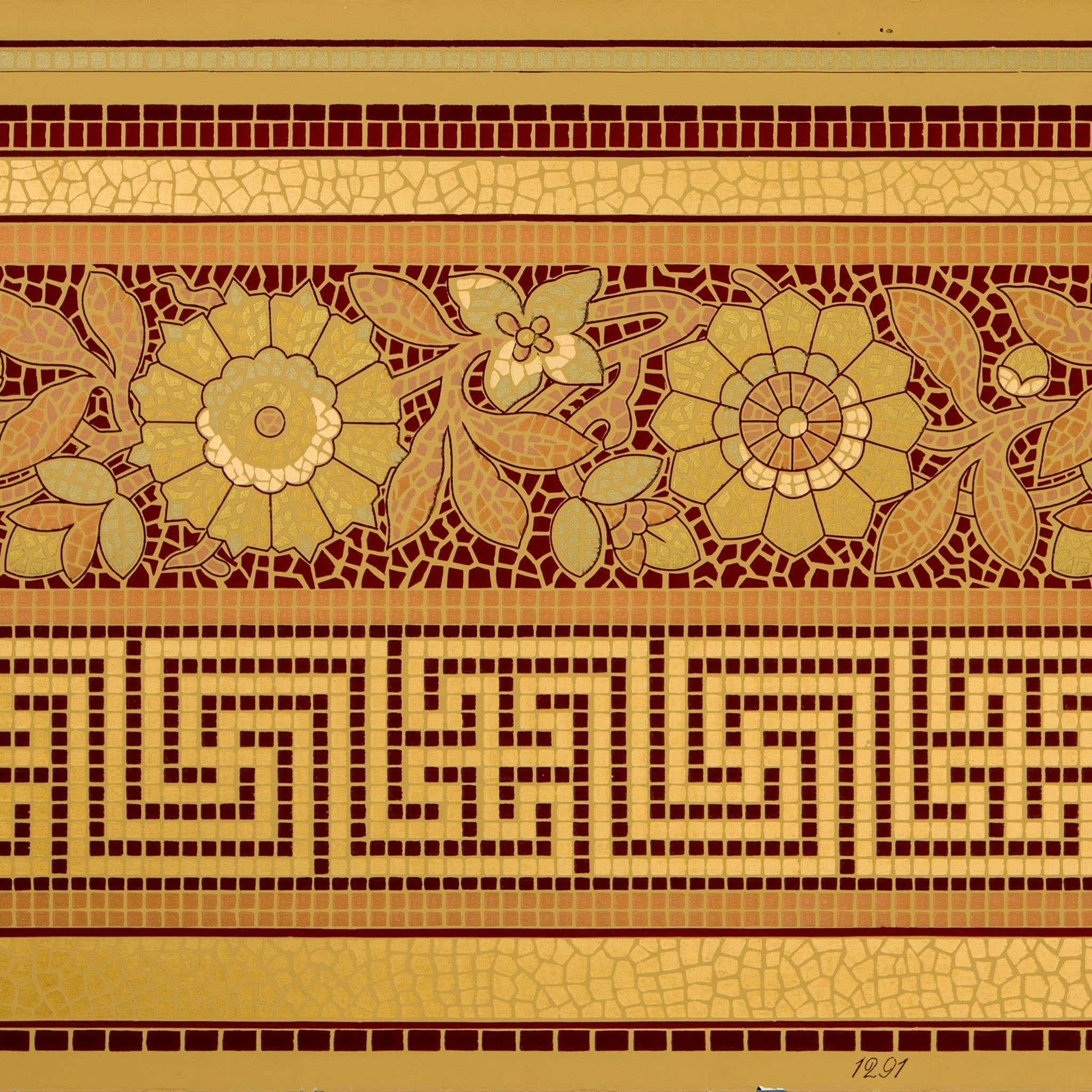 Greek Key And Floral Gilt Mosaic Border Antique Wallpaper & Company