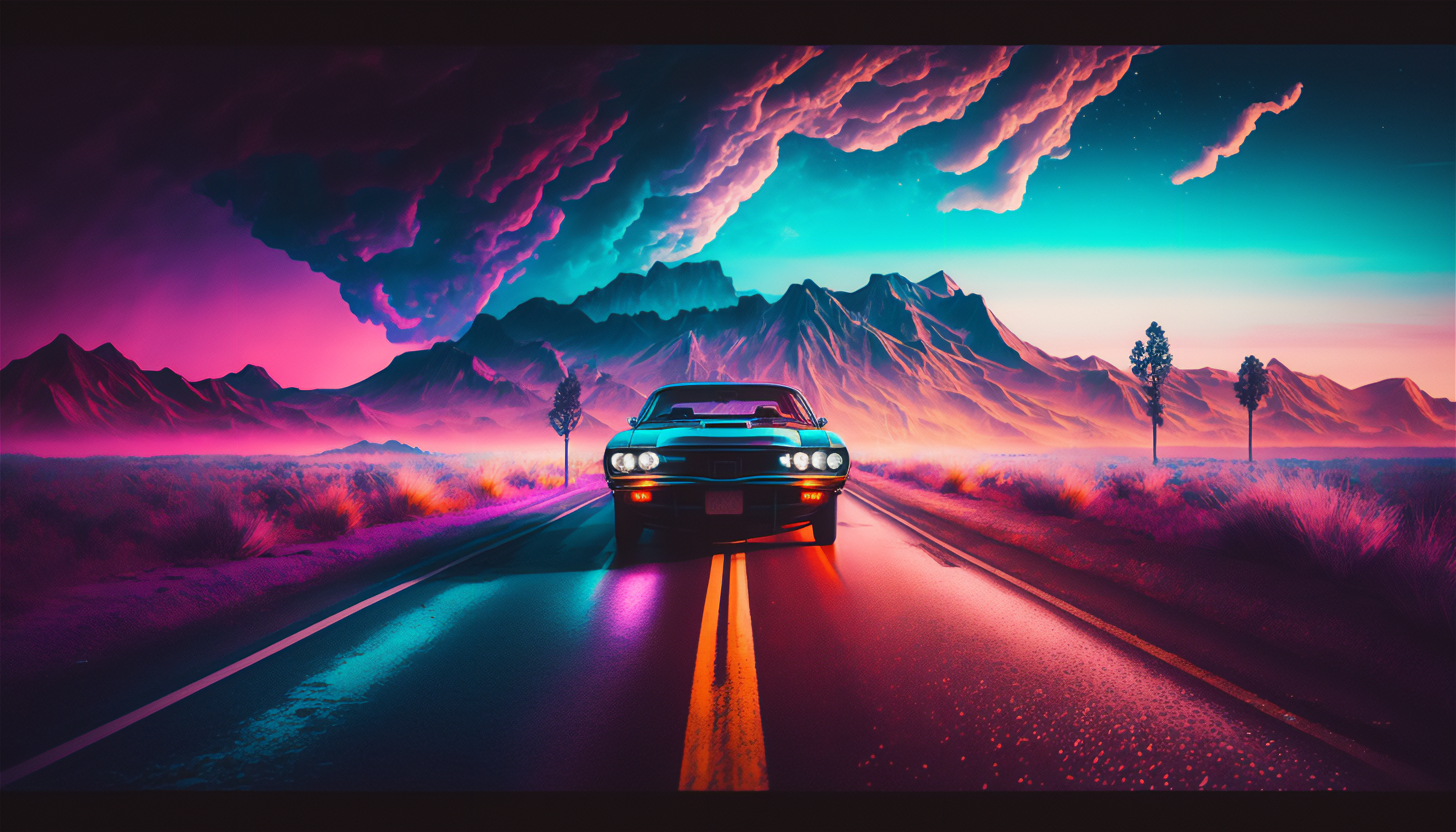 AI art, car, synthwave, road, clouds, colorful, illustration, mountainsx1792 Wallpaper