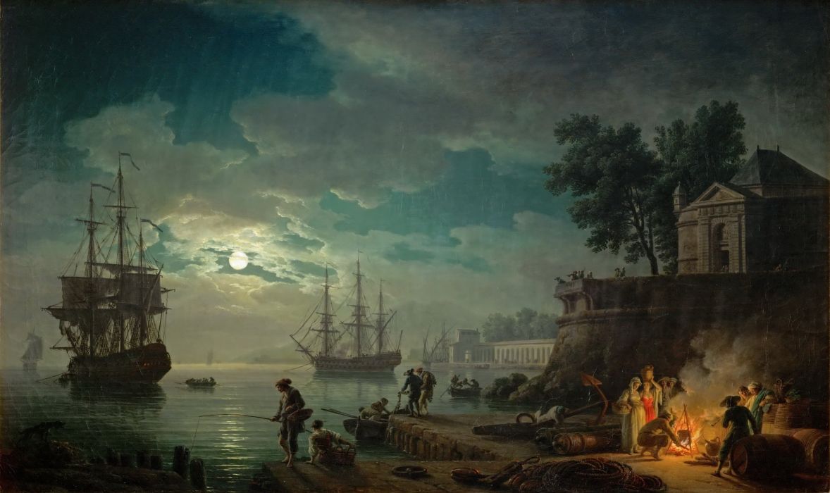 Artwork classic art painting sailing ship sea clouds people Claude Joseph Vernet night Moon wallpaperx2389